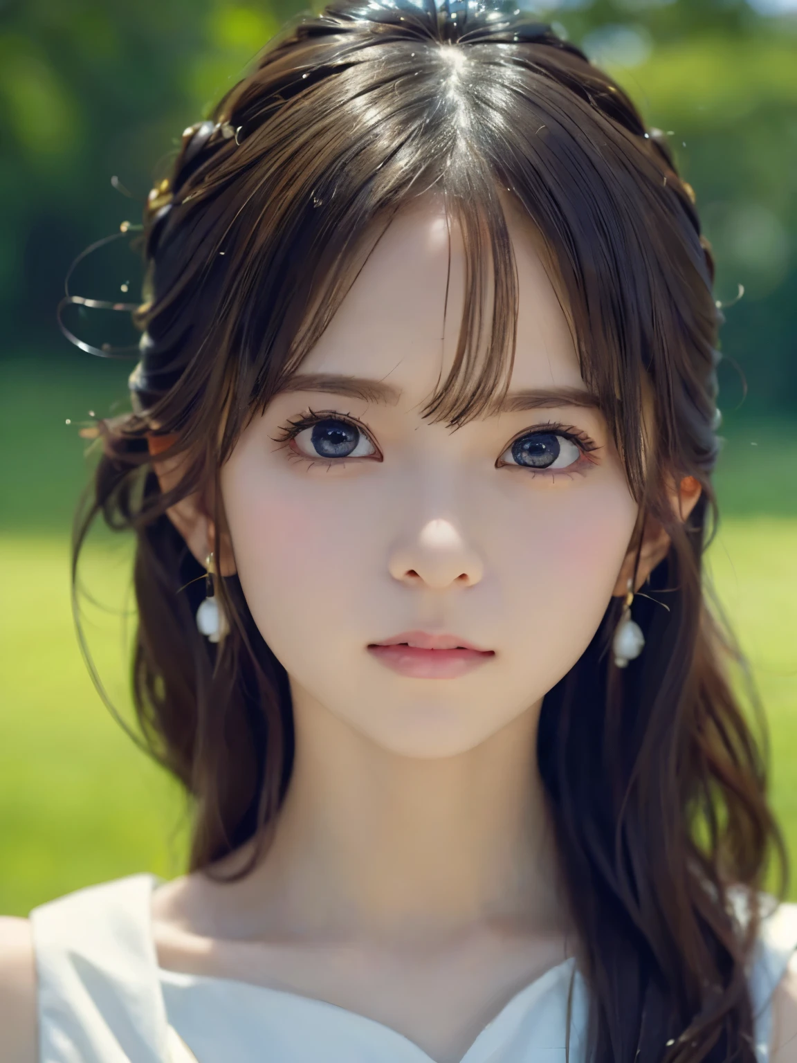 grassland、(You can see both sides:1.6)、(from the chest up:1.6)、laughter、Close-up portrait of a girl wearing white sleeveless top dress and earrings, soft portrait shot 8k, nice delicate face, High quality 4K portraits, high quality portrait, soft and perfect white skin, 8K highly detailed face, beautiful and delicate face, beautiful light big eyes, beautiful and realistic face, with a beautiful girl, beautiful and realistic face, cute girl