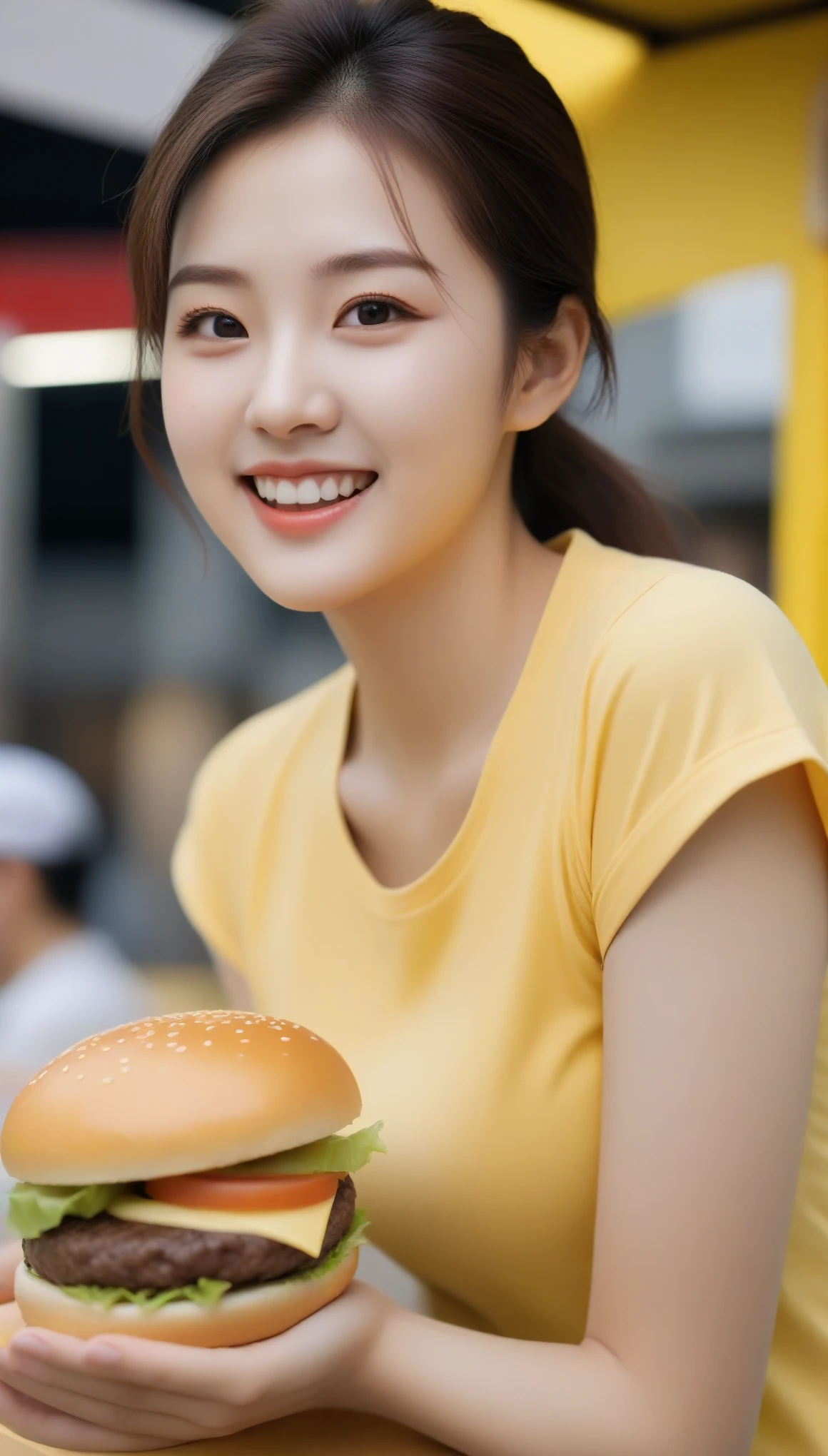 Close-up shot of beautiful korean female, 34 inch breasts size, excited expression face, black and yellow rolled sleeves t-shirt , holding  burger, at burger booth, UHD