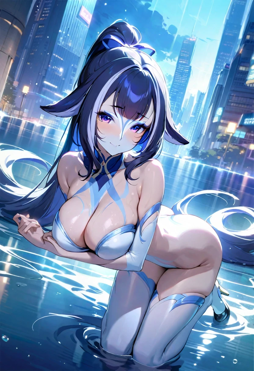 (((shylily))), heavy rain，Gorgeous high heels，Under water，grabbing the breasts，Official fine art，tmasterpiece，Sharp focus，Nice high ponytail hairstyle，Delicate and beautiful eyes and face，realisticlying，ultra - detailed，a beauty girl，blue-sky，Glowing white particles,(side-lighting:1.2),scenecy,Long straight hair,  facial expression, buliding, (Cityscape:1.7), Dynamic hair, , Long black socks, paleskin, hair adornments, epic landscapes,deep in the night，Masterpiece, Best quality,Bare shoulders, white thighhighs, Hair ribbon, Large breasts,Gorgeous high heels，Under water，