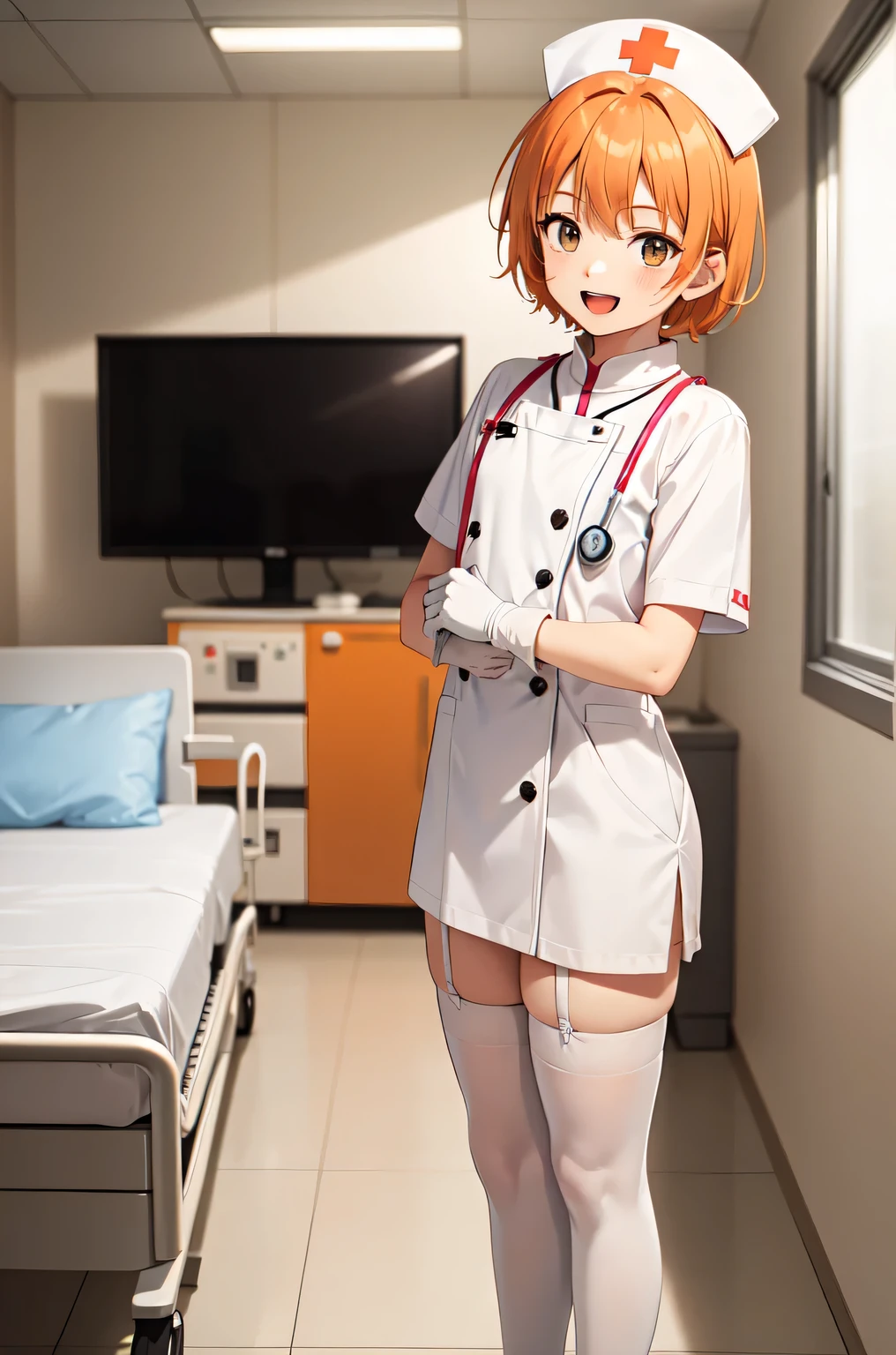 1boy, solo, male focus, nurse, white nurse cap, white nurse uniform, ((white legwear, zettai ryouiki)), white gloves, short hair, orange hair, smile, open mouth, standing, ((hospital room)), sharp outline, short sleeves, shota, , best quality, masterpiece