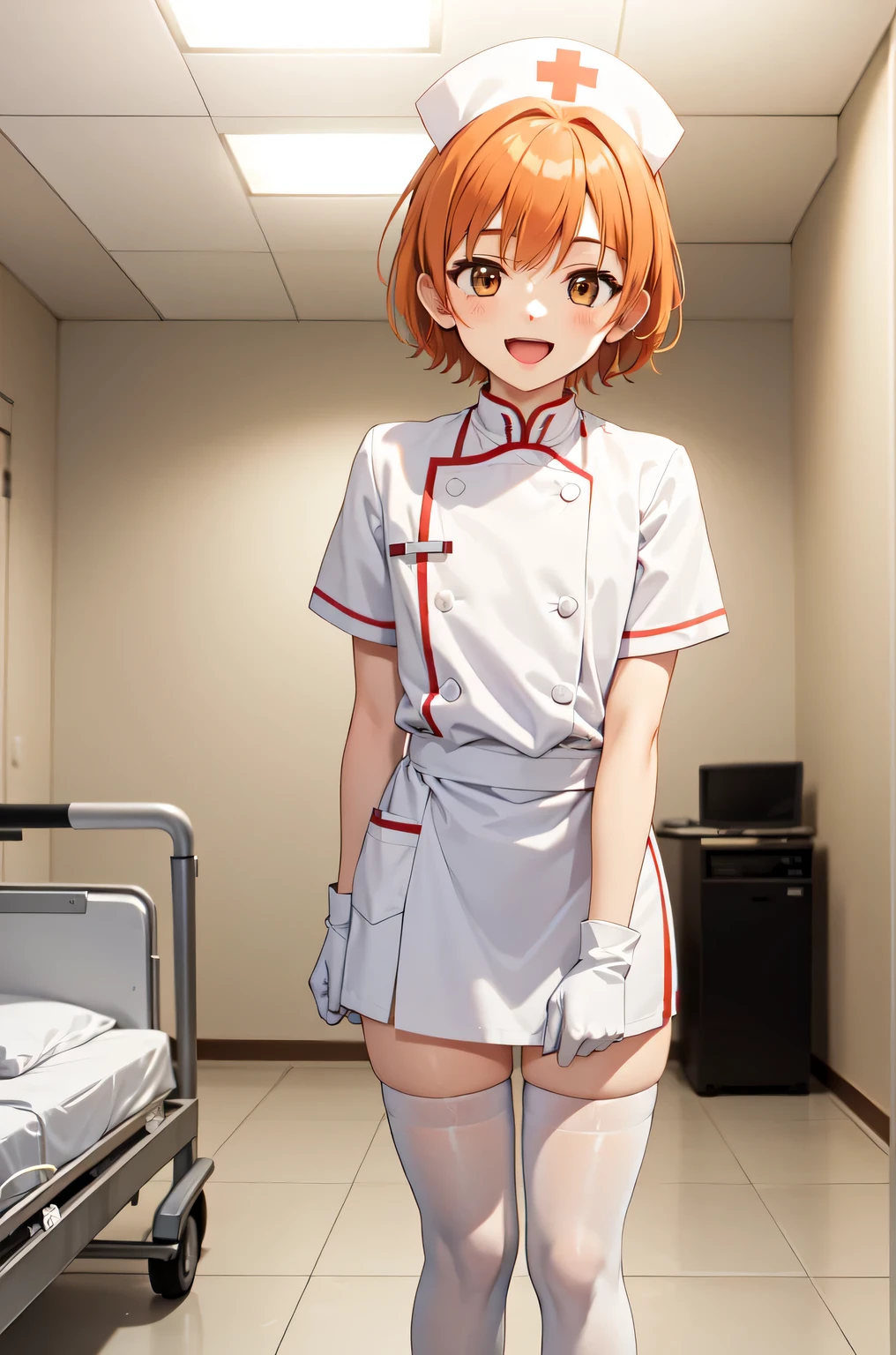 1boy, solo, male focus, nurse, white nurse cap, white nurse uniform, ((white legwear, zettai ryouiki)), white gloves, short hair, orange hair, smile, open mouth, standing, ((hospital room)), sharp outline, short sleeves, shota, 12 years old, best quality, masterpiece