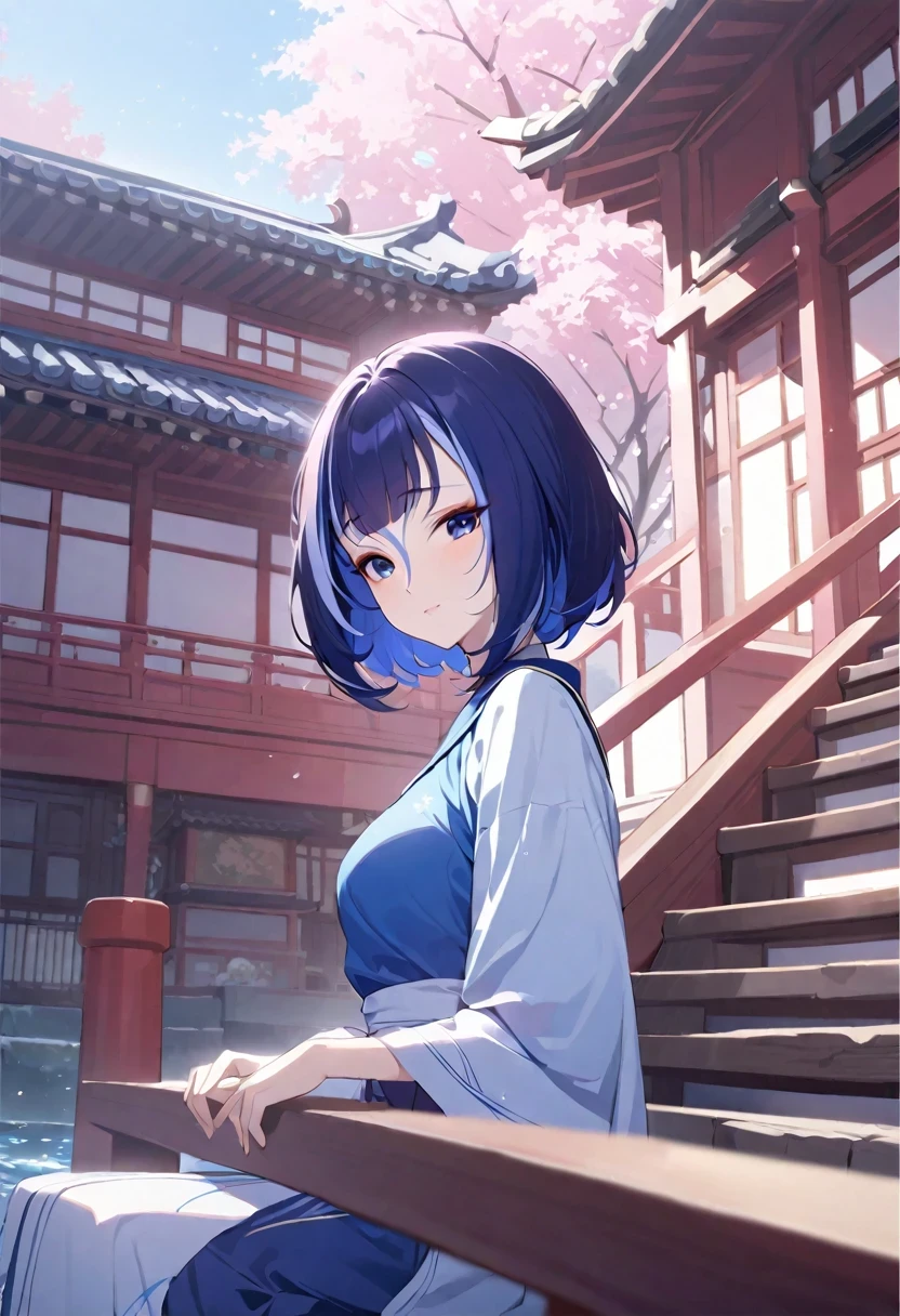 (((shylily))), upper part of body, Without expression, The face is red, Outdoor sports, day, Liyue House Background, blue empty day, Short hair details, empty day, temple, looking at viewert, stairways, Monte, Moody light,,Sateen,cherry tree,(starrysky:1.3),(masterpiece:1.3),(image quality),(image quality:1.2),(Super fine illustration:1.2),(image quality)、(Monk&#39;s works)、(8k wallpaper)、A high resolution、lying on water、The petals float on the surface of the water