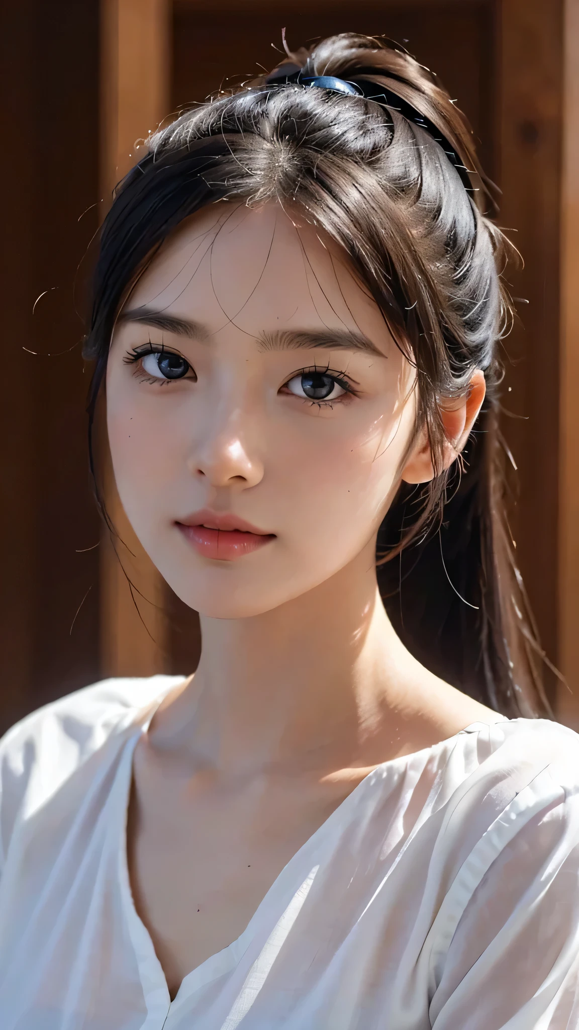 One woman,fully body photo,masutepiece, The highest image quality, High quality, the background is clear，Beautiful woman, Japanese, Detailed, Detailed eyes, Detailed skin, Beautiful skin, 超hight resolution, (reality: 1.4),Very beautiful woman, Slightly younger face, Beautiful skin, slender, (Ultra photo realsisim), (hight resolution), (8K), (Very detailed) (beautifully detailed eyes), (super detailed),   (Detailed face), view the viewer, Fine details, Detailed face, Staring straight ahead, Staring straight ahead, photos realistic, Bright lighting, Professional Lighting, Black hair,poneyTail,a baby face,sixteen years old,Hairstyle is ponytail,long ponytail hairstyle,slight smile,Orange colored long dress with lots of ruffles, softly shaped skirt,Live venue,close up of face