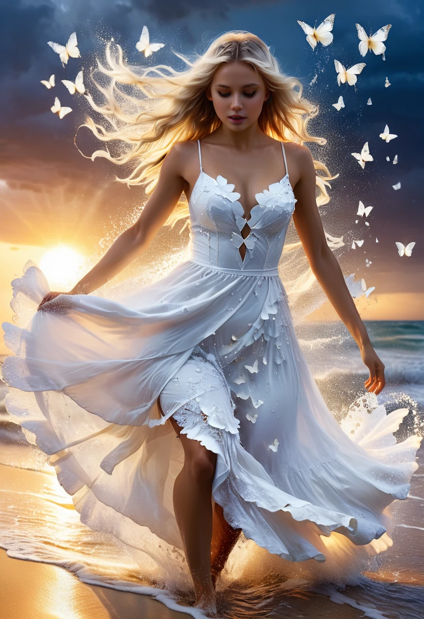 A young woman dressed in a torn white dress (the dress is dissolving into white butterflies), running on the beach, sunset in background, epic lighting, torrential rain, wet blonde hair, water pouring from above, photorealistic, photograph, professional photography, poster-like, water dripping Style by Gabriele Dell'otto, AI Midjourney, bright saturated colors, watercolor, oil paints, HDR, 500px, 4k,