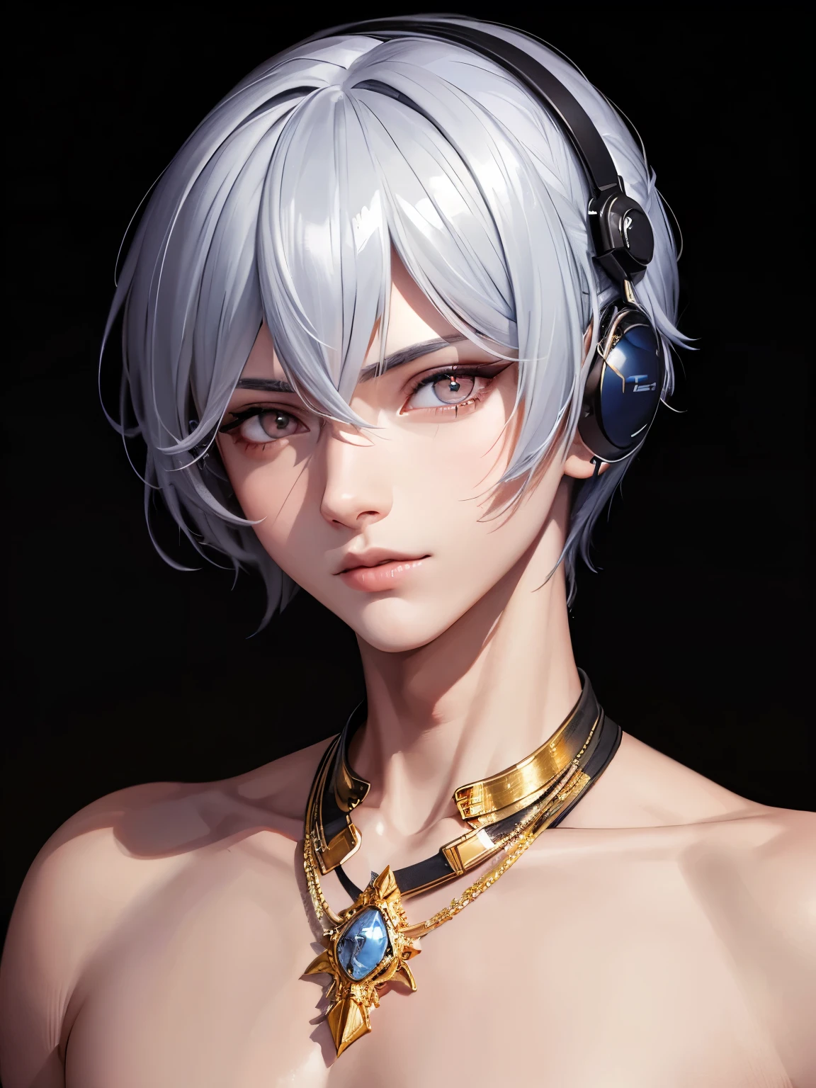 a close up of a boy with a headphone on a black background, with very highly detailed face, luts, attractive androgynous humanoid, detailed image, detailed body and eyes, he has dark grey hairs, full body 1 / 6 nihei tsutomu, face - up, 2b, 2 b, ultra detailed face and eyes, beautiful face, short hair, with golden eyes, pretty man