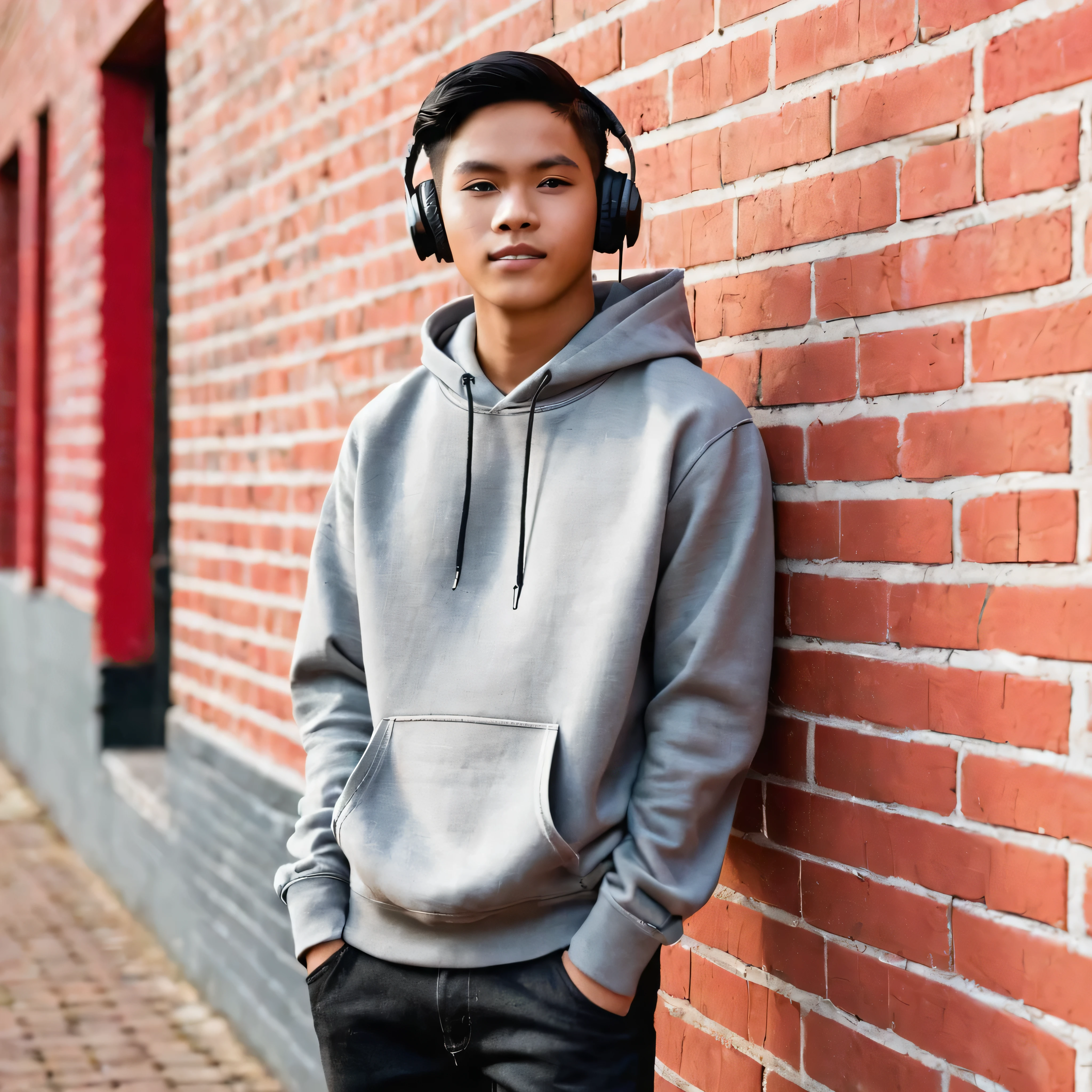 a handsome 15 year old Indonesian man with short middle-parted hair, wearing a gray hoodie, black jeans, Vantella canvas shoes, leaning against a red brick wall while listening to songs using a headset, hands in his trouser pockets.