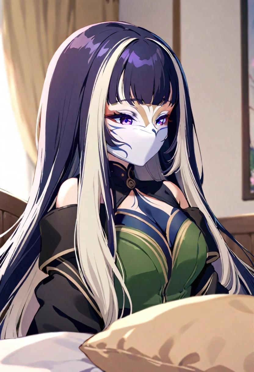 (((shylily))), 1girl, solo, juufuutei raden, black choker, black dress, green corset, black capelet, upper body, face mask, (indoors), (bedroom), (bed)
