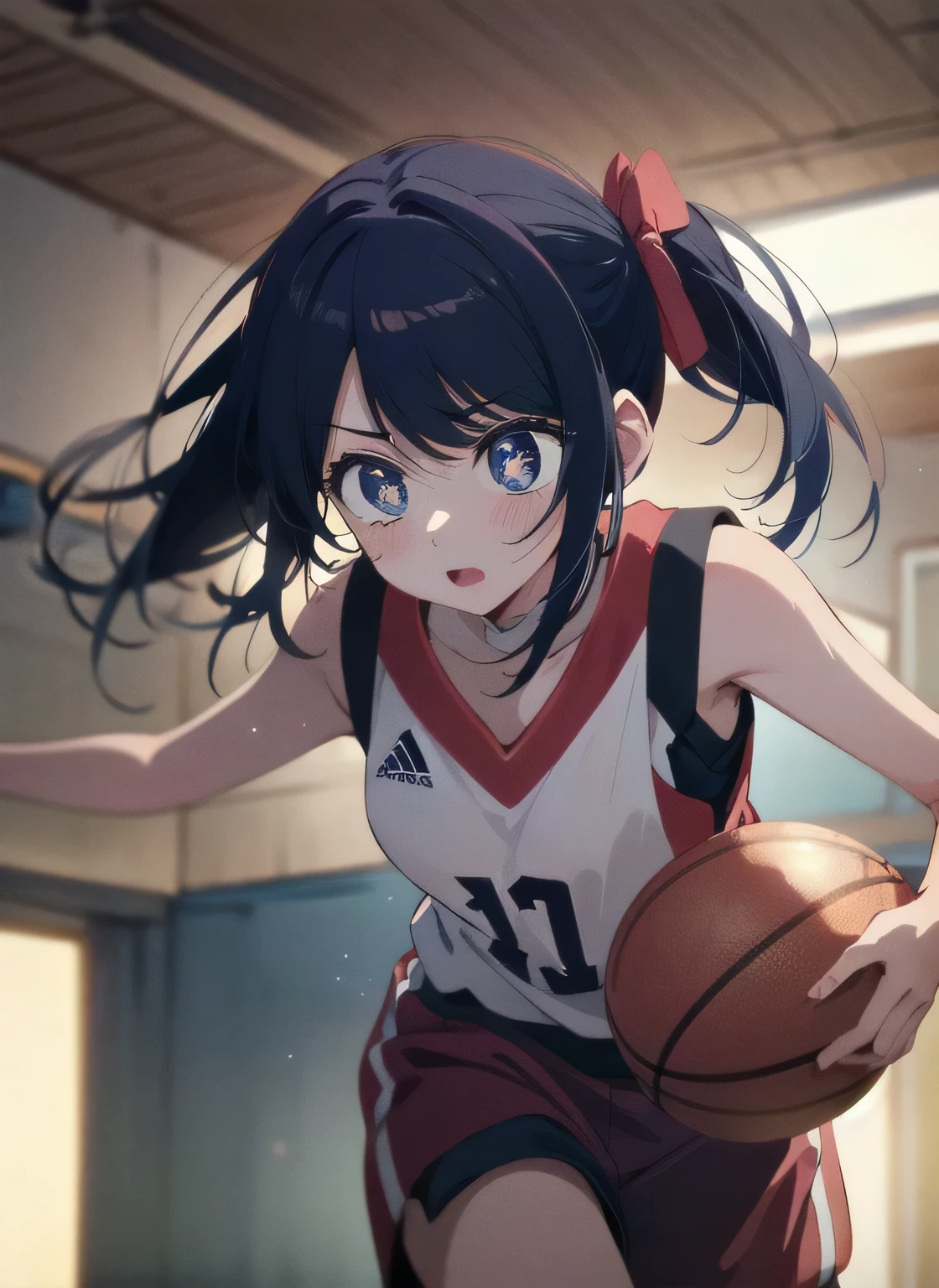 ai hoshino,basketball player,sportswear,pony tail,head to waist view, playing basketball, intense basketball match, ((running while holding basketball)), ((sharp focus)) daytime,indoor lighting,anime style,oshi no ko art style, best quality, unity 8k wallpaper, anatomically correct, (((masterpiece))), (((best quality))), (((ultra detailed))), (((high-resolution))), ((super fine illustration)), ((Ultimate cutie)), ((detailed beautiful face)), ((perfect hands)), perfect finger, ((perfect eyes)), (((good anatomy))), Solo, One girl, medium breasts, ((dribble a beautiful Perfectly spherical 6" basketball with one hand)), ((running))