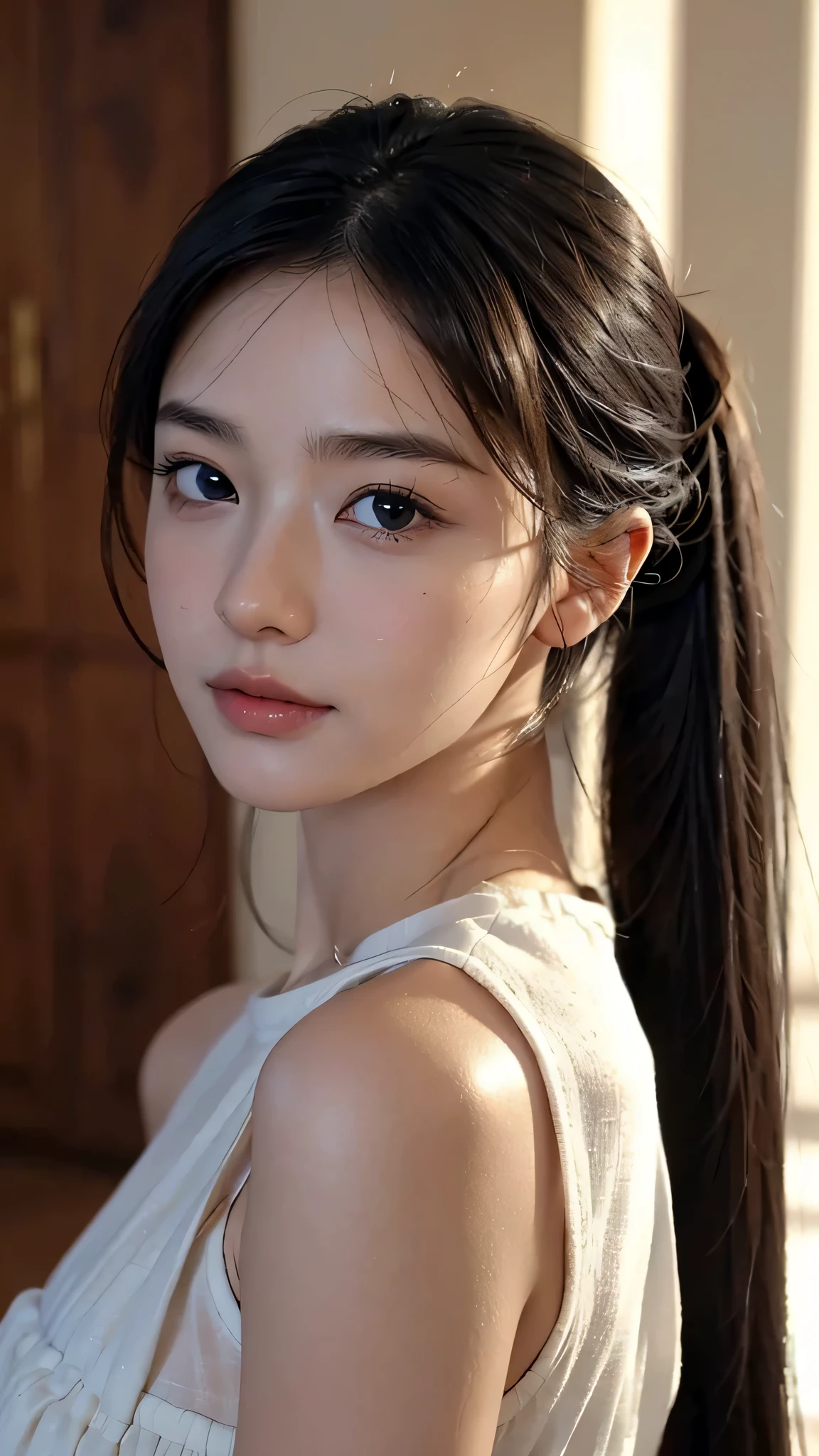One woman,fully body photo,masutepiece, The highest image quality, High quality, the background is clear,Beautiful woman, Japanese, Detailed, Detailed eyes, Detailed skin, Beautiful skin, 超hight resolution, (reality: 1.4),Very beautiful woman, Slightly younger face, Beautiful skin, slender, (Ultra photo realsisim), (hight resolution), (8K), (Very detailed) (beautifully detailed eyes), (super detailed), (Detailed face), view the viewer, Fine details, Detailed face, Staring straight ahead, Staring straight ahead, photos realistic, Bright lighting, Professional Lighting, Black hair,poneyTail,a baby face,sixteen years old,Hairstyle is ponytail,long ponytail hairstyle,slight smile,Orange colored long dress with lots of ruffles, softly shaped skirt,Live venue,close up of face
