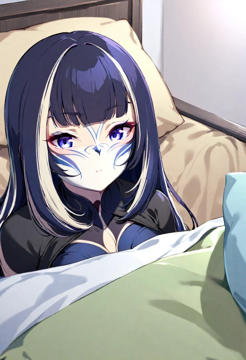 (((shylily))), 1girl, solo, juufuutei raden, black choker, black dress, green corset, black capelet, upper body, face mask, (indoors), (bedroom), (bed)