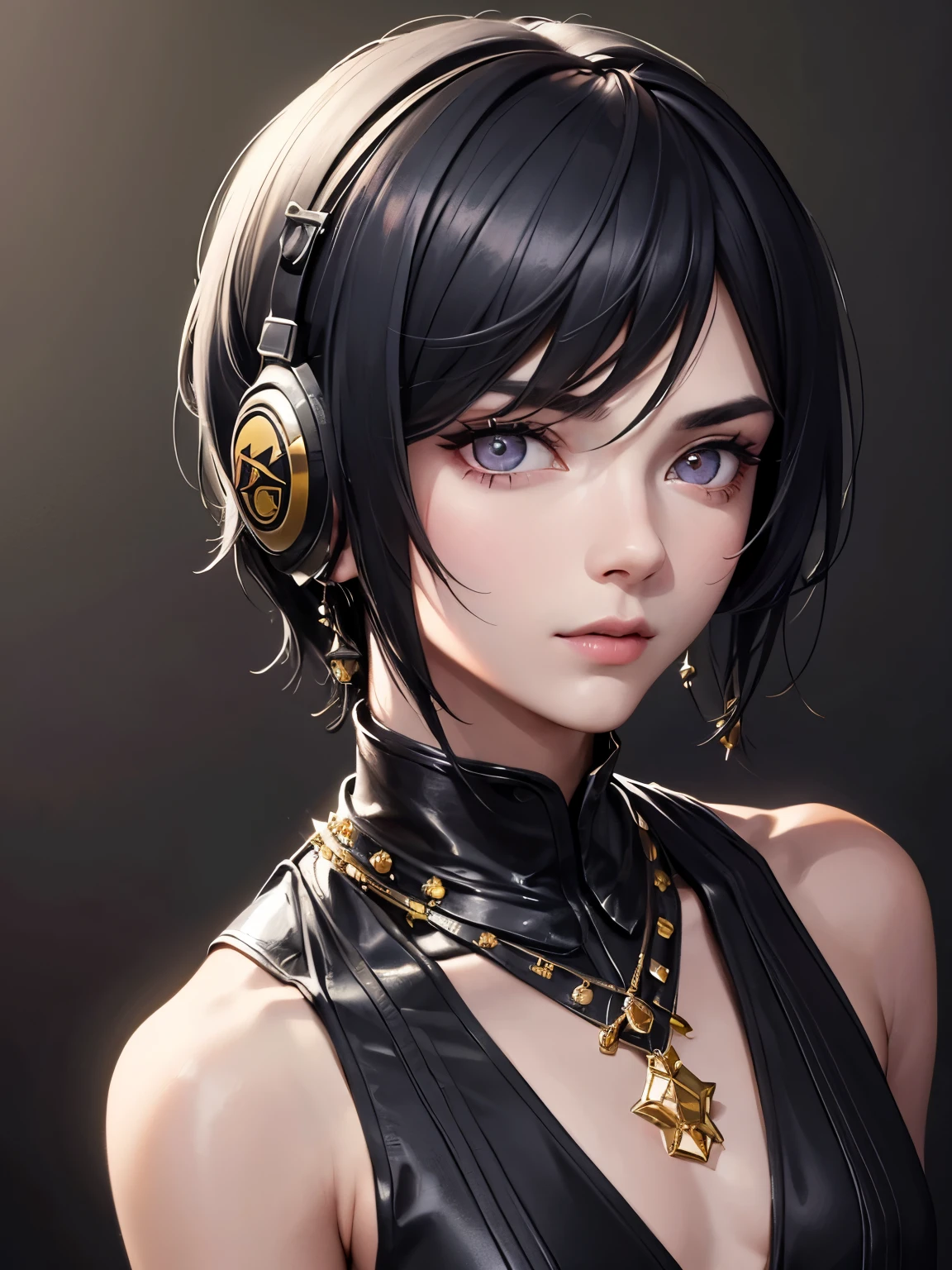 a close up of a boy with a headphone on a black background, with very highly detailed face, luts, attractive androgynous humanoid, detailed image, detailed body and eyes, he has dark grey hairs, full body 1 / 6 nihei tsutomu, face - up, 2b, 2 b, ultra detailed face and eyes, beautiful face, short hair, with golden eyes, pretty man