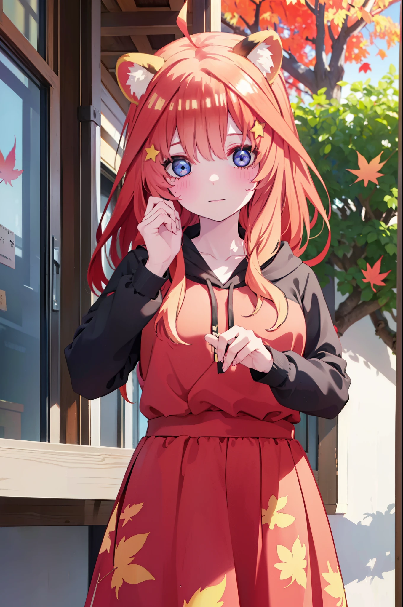 itsukinakano, itsuki nakano, bangs, blue eyes, hair between eyes, Ahoge, redhead, star \(symbol\), short braided hair,hair ornaments, star hair ornaments,smile,blush,animal ears raccoon ears,animal tail Tanuki tail,red hoodie,white long skirt,Cute Sandals,autumn leaves,whole bodyがイラストに入るように,
break outdoors, garden,
break looking at viewer,whole body,(cowboy shot:1.5),
break (masterpiece:1.2), highest quality, High resolution, unity 8k wallpaper, (shape:0.8), (beautiful deしっぽed eyes:1.6), extremely deしっぽed face, perfect lighting, extremely deしっぽed CG, (perfect hands, perfect anatomy),