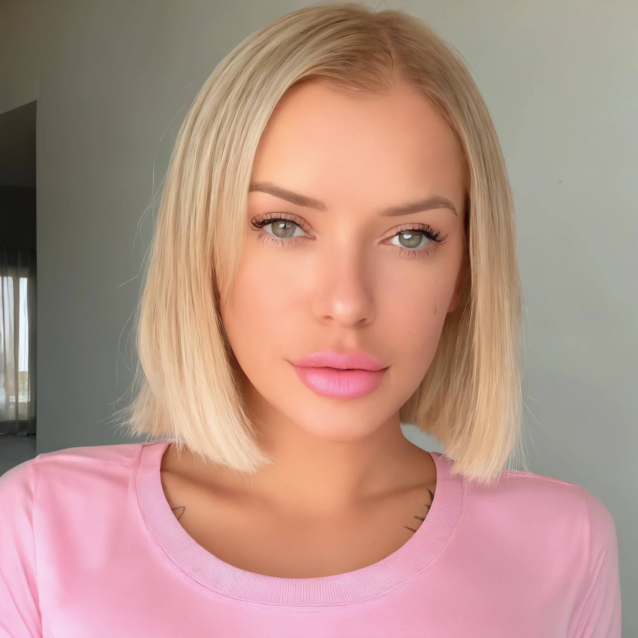 a close up of a woman with long blonde hair wearing a pink shirt, blonde swedish woman, blonde, pink lips, sexy face, instagram model, angie glocka, aleksandra waliszewska, pink girl, dasha taran, pink face, thin light pink lips, anna nikonova aka newmilky, pink shirt, perfect face ), pink clothes