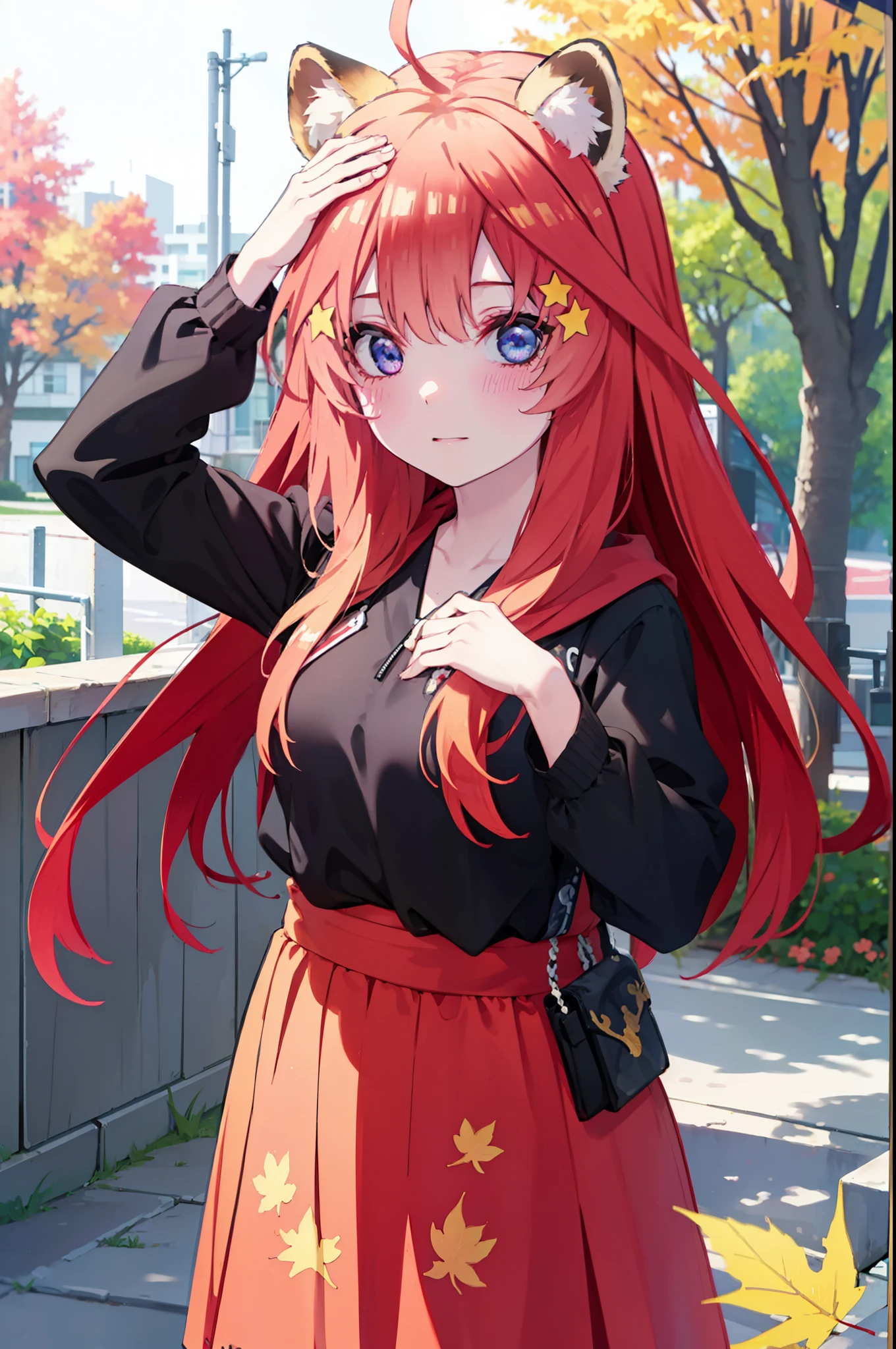 itsukinakano, itsuki nakano, bangs, blue eyes, hair between eyes, Ahoge, redhead, star \(symbol\), short braided hair,hair ornaments, star hair ornaments,smile,blush,animal ears　raccoon ears,animal tail　Tanuki tail,red hoodie,white long skirt,Cute Sandals,autumn leaves,whole bodyがイラストに入るように,
break outdoors, garden,
break looking at viewer,whole body,(cowboy shot:1.5),
break (masterpiece:1.2), highest quality, High resolution, unity 8k wallpaper, (shape:0.8), (beautiful deしっぽed eyes:1.6), extremely deしっぽed face, perfect lighting, extremely deしっぽed CG, (perfect hands, perfect anatomy),