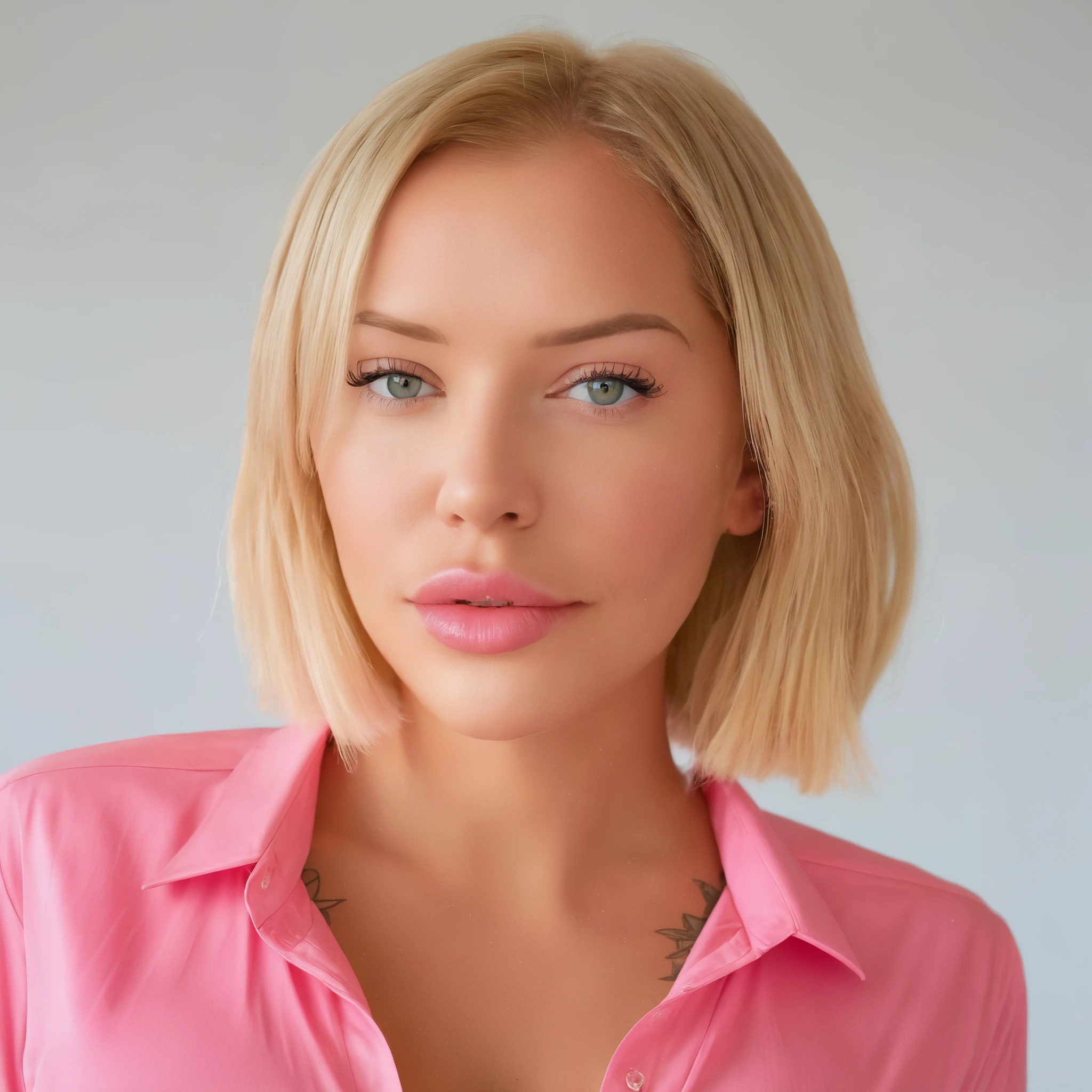 a close up of a woman with long blonde hair wearing a pink shirt, blonde swedish woman, blonde, pink lips, sexy face, instagram model, angie glocka, aleksandra waliszewska, pink girl, dasha taran, pink face, thin light pink lips, anna nikonova aka newmilky, pink shirt, perfect face ), pink clothes