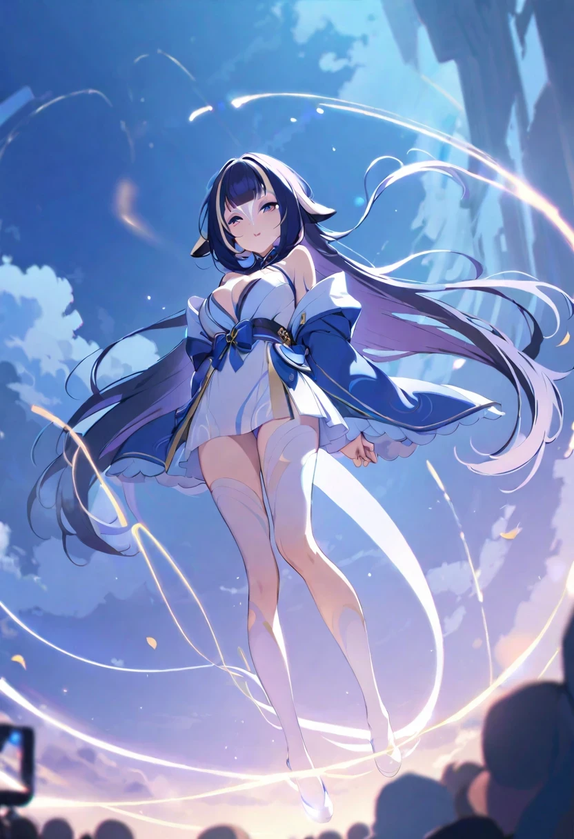 (((shylily))),(Masterpiece), (Excellent), (Extremely fine), Square, spectator, full body, Flowers, Streamers, Clouds,More details about the eyes,flickering eyes,