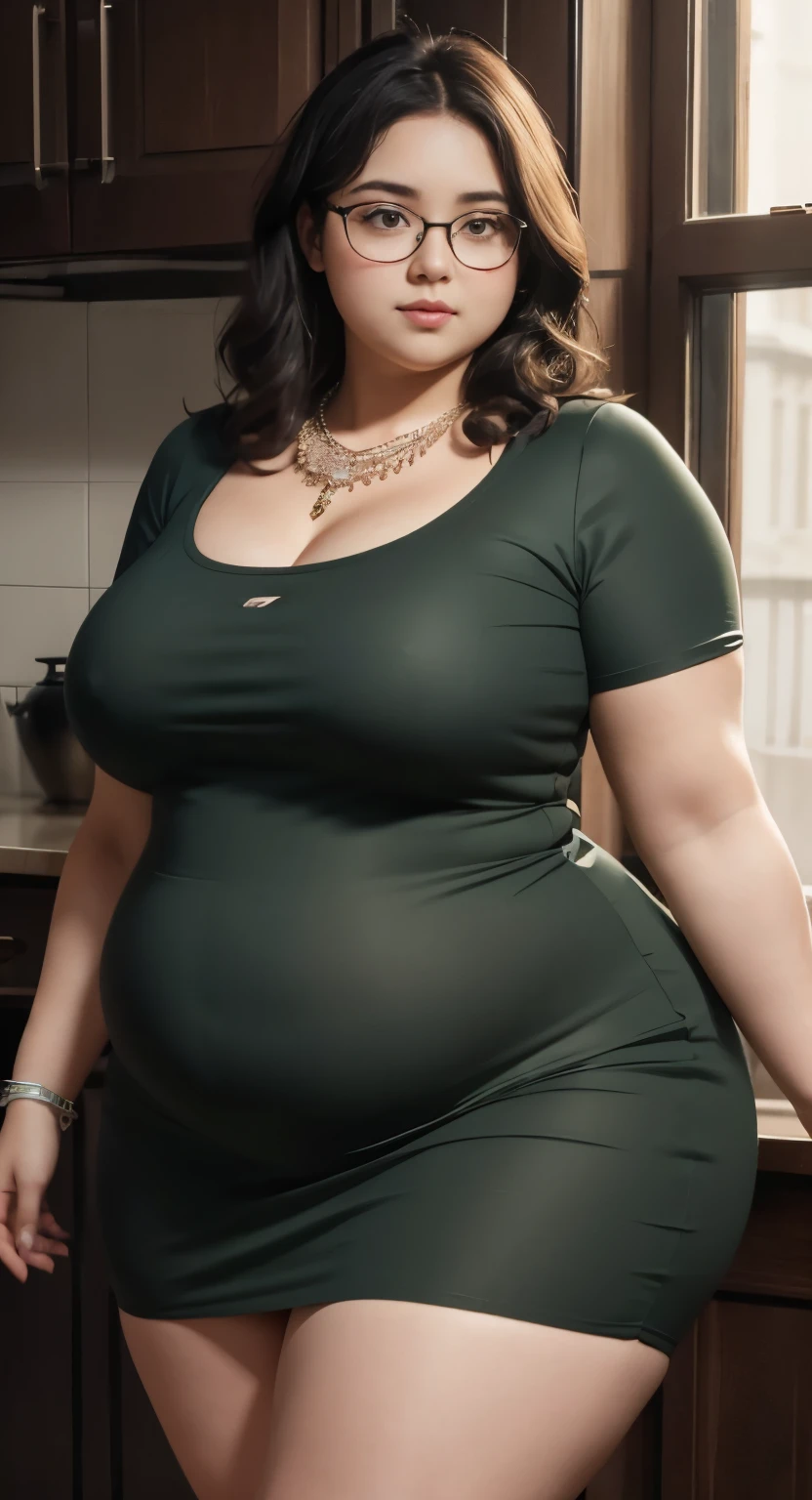 ((best quality)), ((masterpiece)), (detailed), perfect face, araffe woman in a long dark green shirt and 1/3 white denim skirt walking in black room , thicc,  wavy  short hair , she has a jiggly fat round belly, bbwchan, wearing tight simple clothes, skinny waist and thick hips, widest hips, her belly is fat and round, soft curvy shape, hyperrealistic full figure, wearing a cute top, wide hips, wearing 10 bracelet , wearing huge diamond necklace , slightly fat cheeks , glasses 