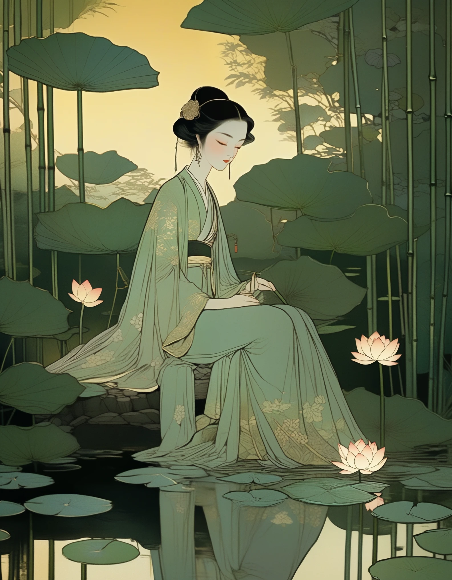 An Ancient Beauty Sitting by a Lotus Pond, Bamboo Grove at Sunset, Art Print in the Style of FRANKLIN BOOTH, ABIGAIL LARSON, TARA MCPHERSON, Pale Greens, Bright Reflections, 19th Century American Paintings and Works on Paper, Contemplative Silence, Children's Book Illustrations, Nocturne 