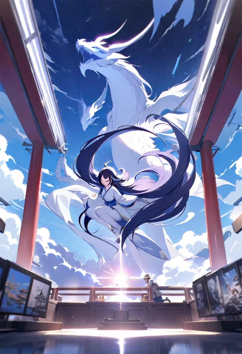 (((shylily))),UHD, anatomically correct, highres,dynamic lighting,art stations,poster for,Volumetriclighting,Very detailed faces,4k wallpapers,Award-Awarded,(((1boys))),long hair flowing,Dynamic perspective,white hanfu,White gauze flying,red waistband,Tradition Chinese Ink Painting,Surrounded by clouds,Ride a white dragon,faucet,White dragon horn,dynamic viewing angle,movie lighting,