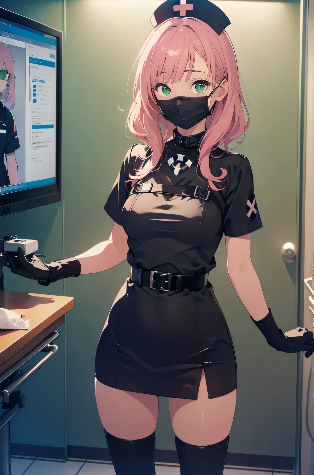 black nurse, 1girl, solo, black nurse cap, black nurse uniform, ((black legwear, zettai ryouiki)), black elbow gloves, pink hair, green eyes, drooping eyes, ((black surgical mask, covered nose)), standing, ((surgery room)), sharp outline, short sleeves, best quality, masterpiece