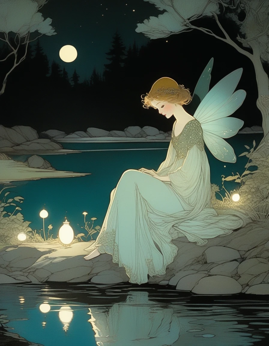 art print of fairy sitting by lake on a moonlit night in the woods, in the style of FRANKLIN BOOTH, ABIGAIL LARSON, TARA MCPHERSON, light aquamarine, luminous reflections, 19th century american paintings and works on paper, pensive stillness, children's book illustrations, nocturne 