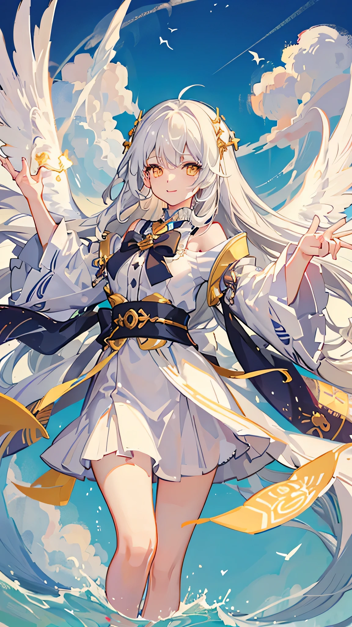Visualize in anime style a whimsically cute angel girl with snow-white hair and vibrant yellow eyes, her stature emphasizing her youthful grace. She floats amidst fluffy clouds, a playful smile gracing her lips, inviting onlookers into her serene world. Her attire, a blend of traditional angelic robes and modern, stylish accents, reflects her joyful spirit. The 8k resolution detail will bring to life every strand of her hair and the sparkling light in her eyes, against the backdrop of a dreamy, cloud-filled sky, highlighting her whimsical charm and angelic essence.
