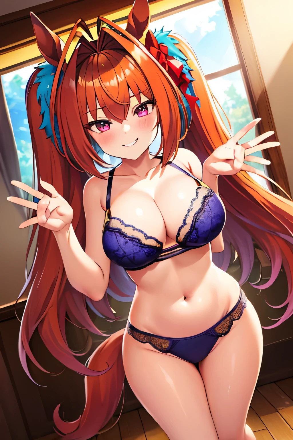 daiwa scarlet\(Umamusume\), super detailed face, masterpiece, highest quality, light smile, blush, wave hands, ((super detailed face)), slender girl, whole body, (((In underwear))),horse tail, light smile, fine and clear eyes, (big breasts),(bra),(panties),lingerie