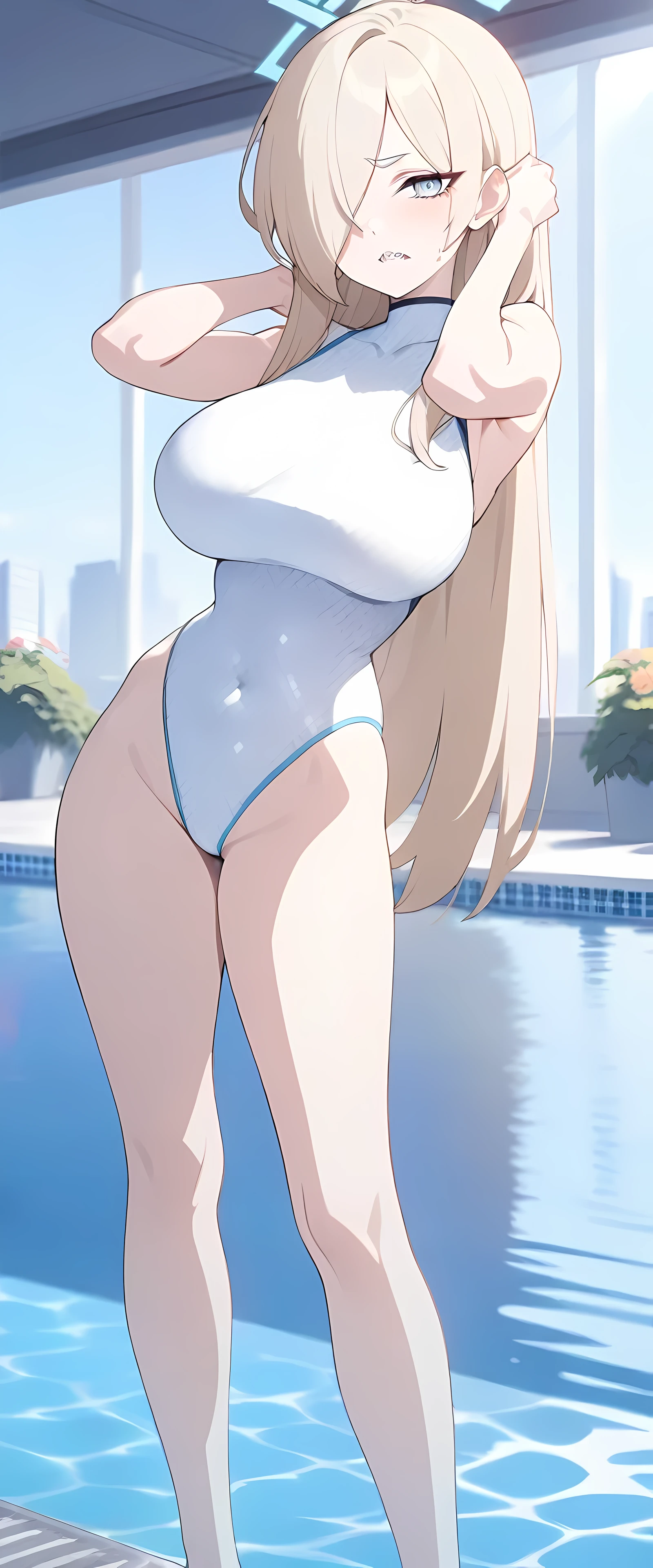 Kanna from Blue Archive, Sharp teeth, long hair, Blue and white stripe pattern swimsuit , 1girl, Masterpiece, Best Quality, HDR, Blue archive artstyle, Detailed face, Pool atmosphere, sexy pose, breasts, Full body picture, front view