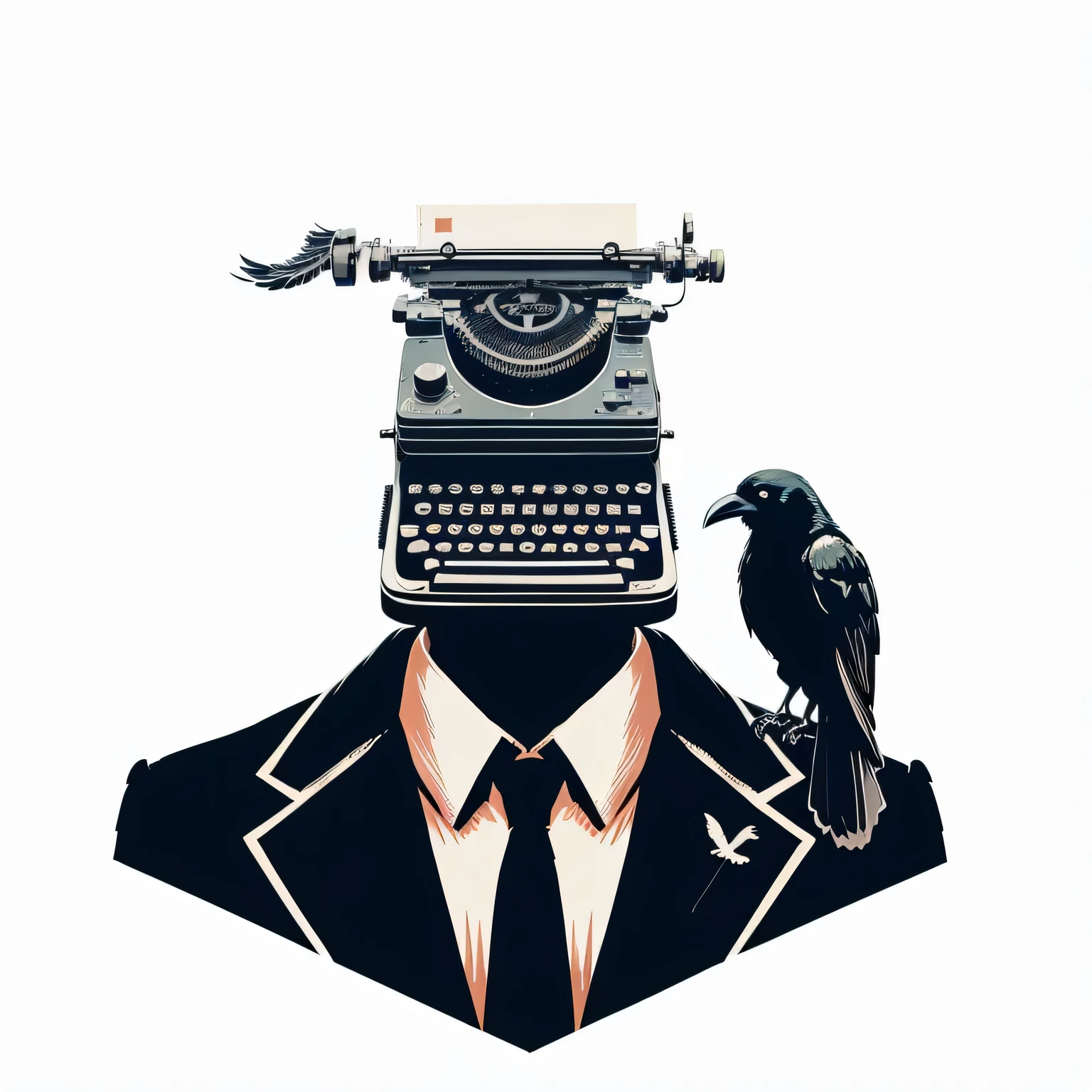 there's a man with a typewriter and a bird on his shoulder, papel de parede do computador, Estilo HP Lovecraft, roteirista, crow in cybernetic armor, high contrast illustrations, inspirado em D. Howard Hitchcock, por Gonzalo Endara Crow, informante sombrio, por Andrei Kolkoutine, papel de parede do pc, por Paul Bird, inspirado em Tim Doyle