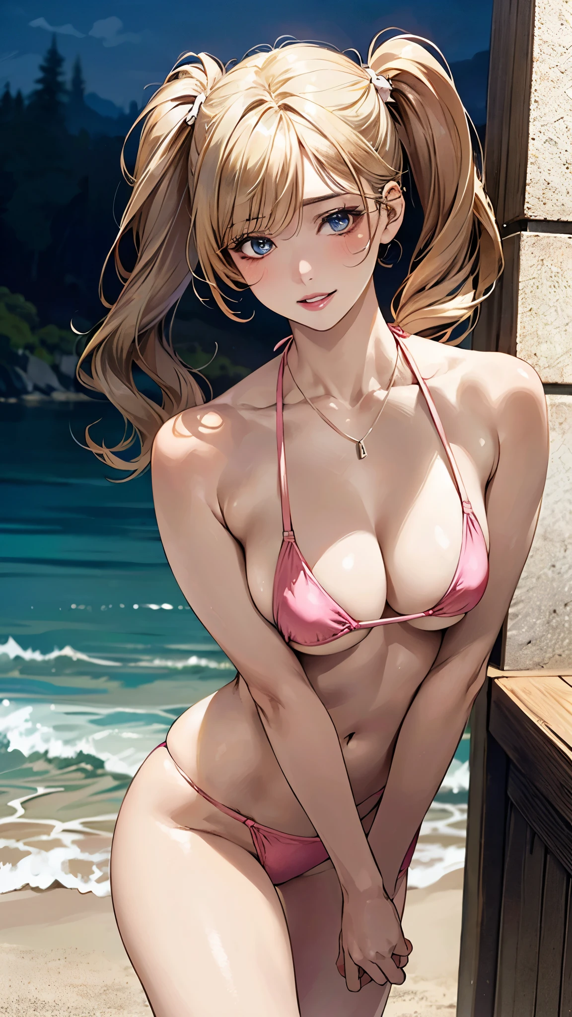 (masterpiece:1.3, top-quality, ultra high res, ultra detailed), (realistic, photorealistic:1.4), beautiful illustration, perfect lighting, natural lighting, colorful, depth of fields, nfsw,
looking at viewer, (pov, close shot), 1 girl, japanese, high school girl, perfect face, cute and symmetrical face, shiny skin, tanned skin,
(middle hair:1.2, twintails:1.2, (blonde hair)), blue eyes, (medium breasts, seductive thighs), thighs, nipple hardening, crotch,
beautiful hair, beautiful face, beautiful detailed eyes, beautiful clavicle, beautiful body, beautiful chest, beautiful thigh, beautiful legs, beautiful fingers,
((pink micro bikini)), necklace, hair ornament,
(beautiful scenery), evening, (uninhabited islands), (walking, sexy pose, dynamic pose, female masturbation), (seductive smile, upper eyes, parted lips),