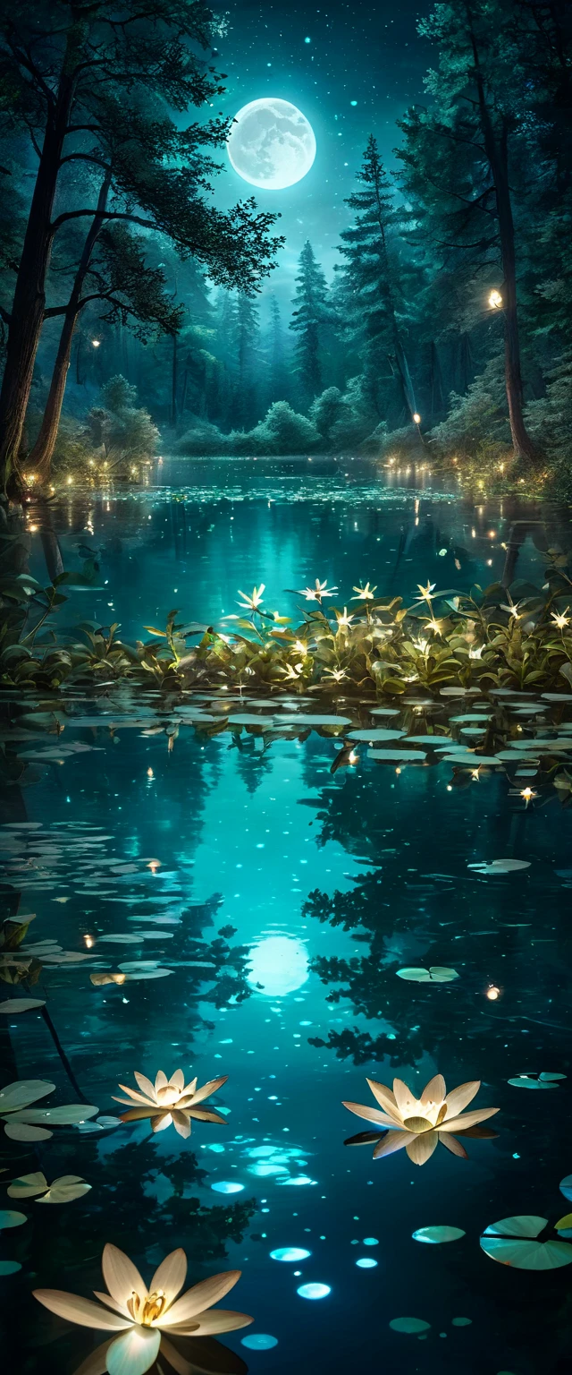 Evening Pond:1.5, ((Full shot:1.4)), ((beautiful lake at night in absolute darkness:1.5)), ((fireflies flying around illuminating the lake:1.5)), ((ultra detailed:1.5)), in the water reflects the lights of the fireflies:1.2, idyllic, dreamy, fantasy:1.3)), dark environment soft moonlight reflecting in the water, ultra-realistic 8k, portrait, highly detailed 32k digital art, beautiful work digital art, ((bluish, cyan, brown colors: 1.2)), realistic digital art in 8k, soft lighting, (( Highly detailed: 1.4), (( masterpiece )), ( Hyper detailed and beautiful: 1.3), (Photorealistic: 1.4)