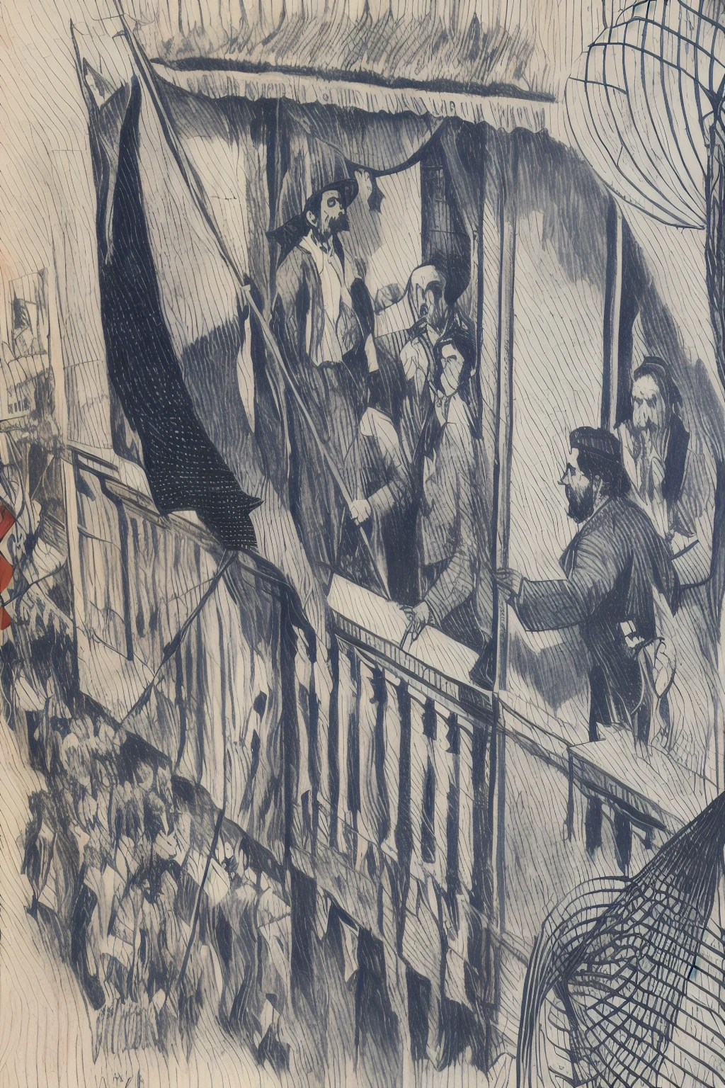 arafed drawing of a man on a balcony with a flag, zoomed view of a banknote, by Carlos Enriquez Gomez, brilliant detail, by Santiago Martínez Delgado, inspired by Pedro Álvarez Castelló, by Carlos Francisco Chang Marín, by Alexander Obregon, by Pedro Álvarez Castelló