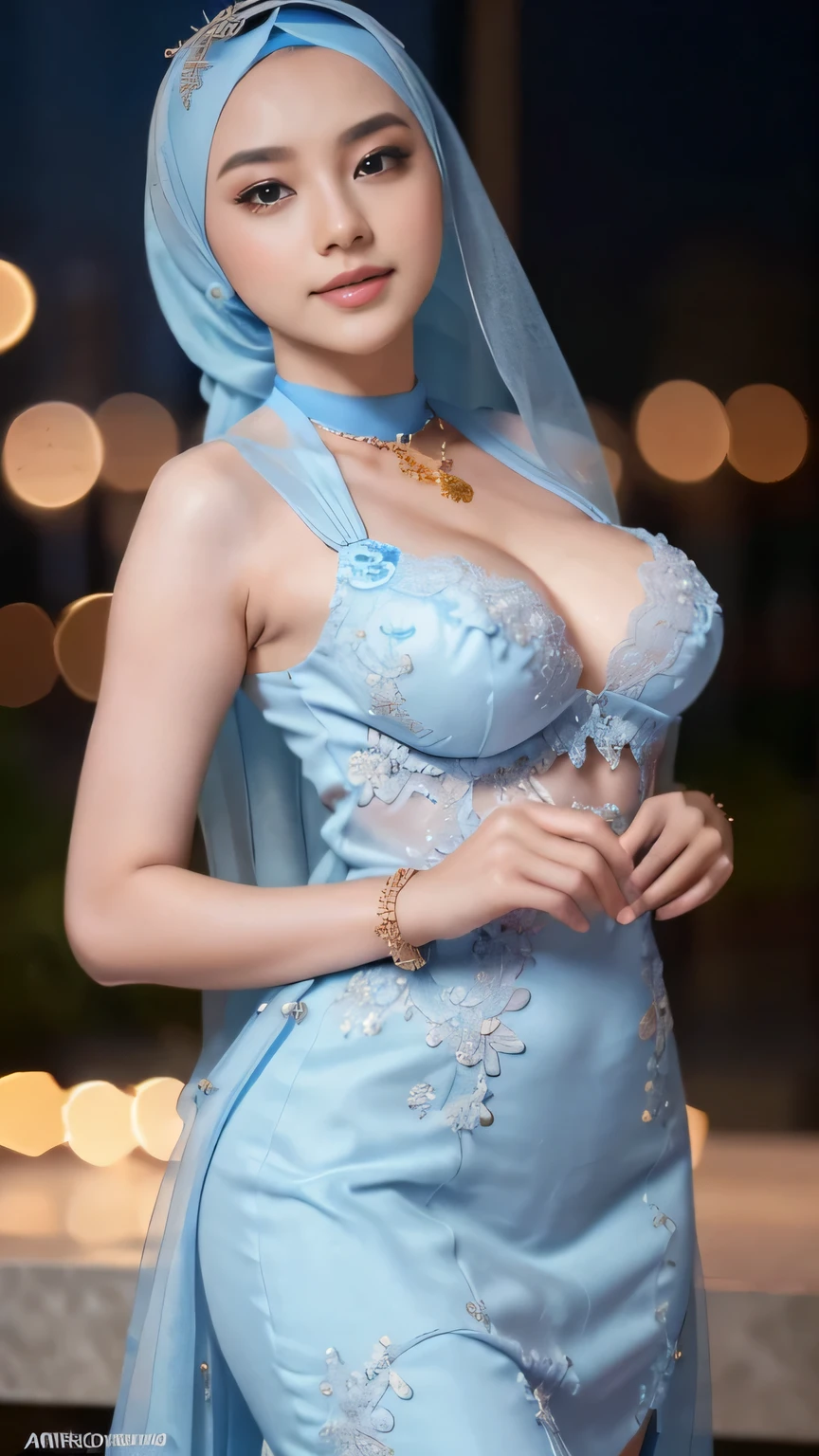 Hyper realistic, Beautiful, cute Face, 18 Years old russian ta Girl, (wearing hijab), Detailed sexy light blue lace kebaya dress, open breast, breast out, nude, nipples, small Rounded Breast, luxury necklace, White Skin, Dark City Background, mid shot, upper body, Perfect Potrait, Bokeh Effect, Look at Viewer, Armpit, Perfect Eye, Perfect Hand, Perfect Finger, Bracelet, Ring, (small breast), ((adorable:1.2)), ((masterpiece:1.1)), ((bokeh:1.2)), (dynamic seducing pose), seductive smile, flirting eyes