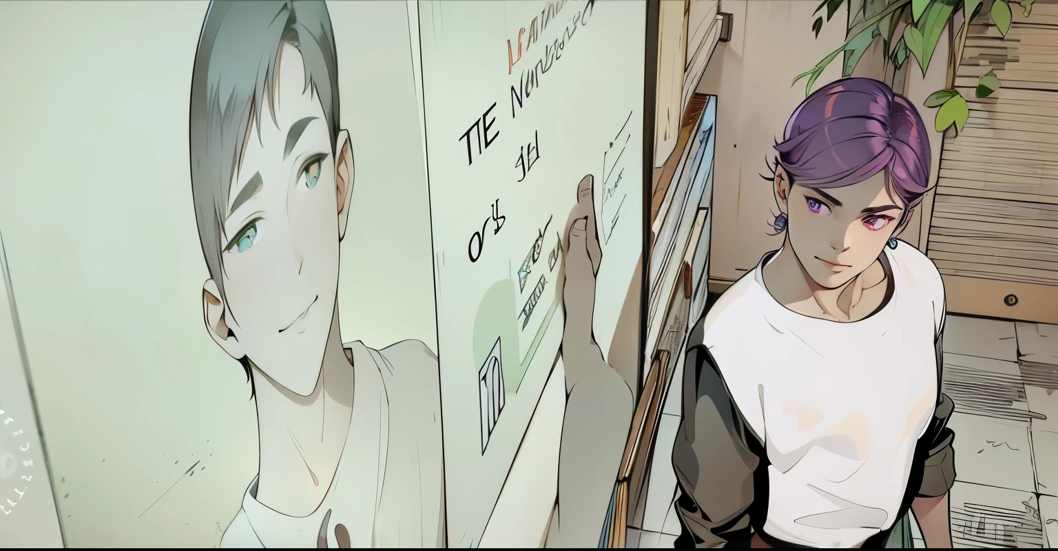 mujer de cabello morado, lindos ojos de color morado con aretes dorados sonrrie de manera ambiciosa, He is looking at a board that has the image of a handsome -yeld boith gray hair.