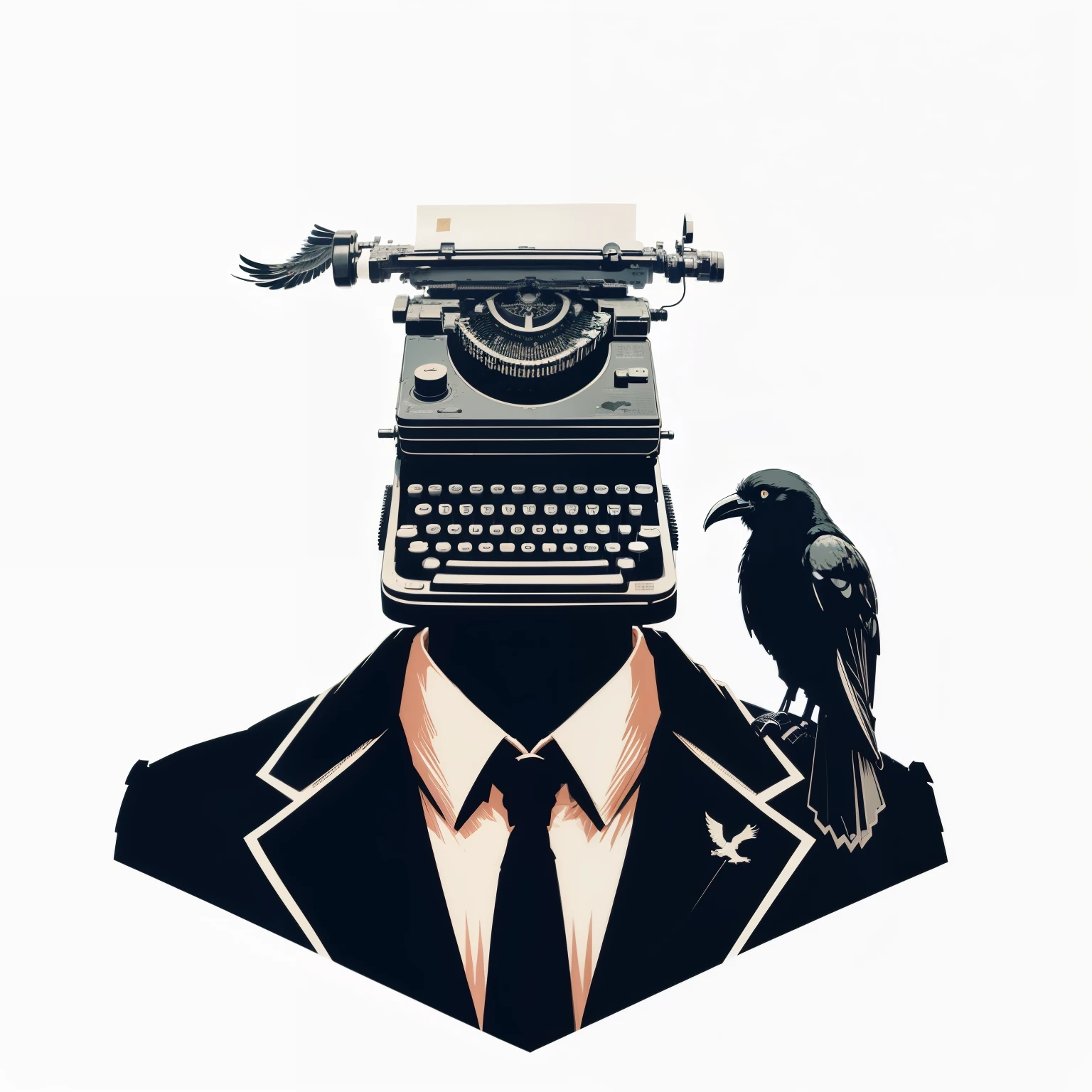 there&#39;s a man with a typewriter and a bird on his shoulder, papel de parede do computador, Estilo HP Lovecraft, roteirista, crow in cybernetic armor, high contrast illustrations, inspirado em D. Howard Hitchcock, por Gonzalo Endara Crow, informante sombrio, por Andrei Kolkoutine, papel de parede do pc, por Paul Bird, inspirado em Tim Doyle