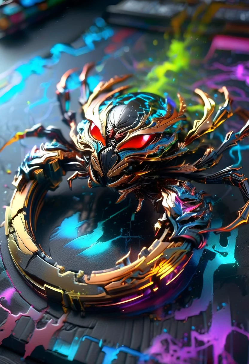 game streetfighter style, catspider, sci-fi ring, refraction, dynamic, highly detailed, artstation, concept art, smooth, sharp focus, illustration, art by Carne Griffiths and Wadim Kashin, graffiti airbrushing techniques, high definition, accent lighting, contrasted with bright paint colors, by Squal92i