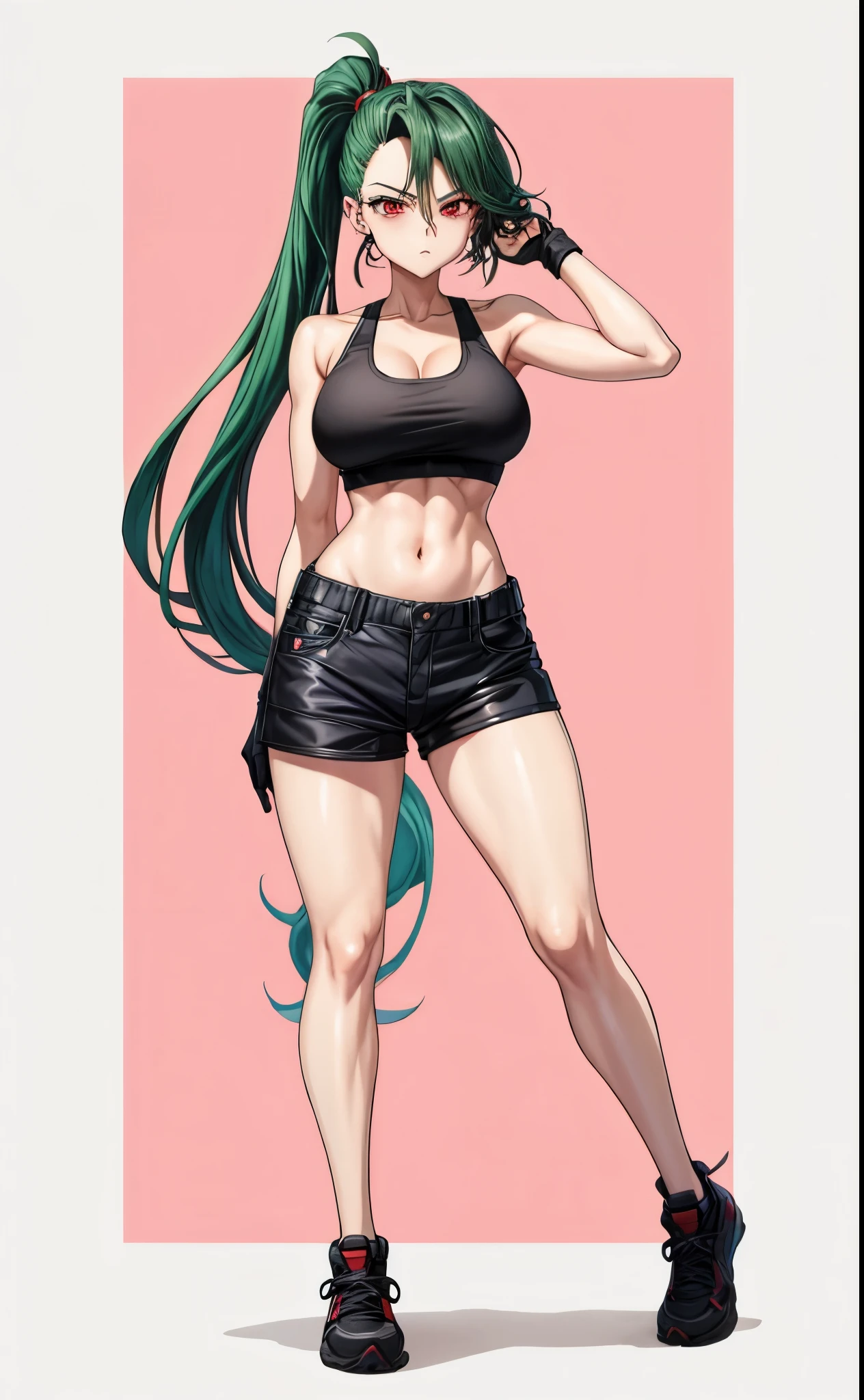 black sports braと黒いショートパンツを着て写真のためにポーズをとるアニメの女性, long green hair woman, Red-eyed woman, ponytail, clothing:black sports bra, cool woman, a woman is standing, Also, playground, outdoor, naughty anime style, sportsbra with an black, shorts with an black, big breasts, woman with very large breasts, full body portrait of a short!, tall woman, adult sex appeal, cool atmosphere, anime moe art style, !!full body portrait!!, Aya Takano color style, solo, female focus,