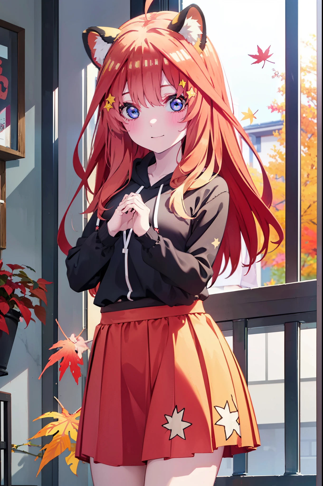 itsukinakano, itsuki nakano, bangs, blue eyes, hair between eyes, Ahoge, redhead, star \(symbol\), short braided hair,hair ornaments, star hair ornaments,smile,blush,animal ears　raccoon ears,animal tail　Tanuki tail,red hoodie,white long skirt,Cute Sandals,autumn leaves,whole bodyがイラストに入るように,
break outdoors, garden,
break looking at viewer,whole body,(cowboy shot:1.5),
break (masterpiece:1.2), highest quality, High resolution, unity 8k wallpaper, (shape:0.8), (beautiful deしっぽed eyes:1.6), extremely deしっぽed face, perfect lighting, extremely deしっぽed CG, (perfect hands, perfect anatomy),