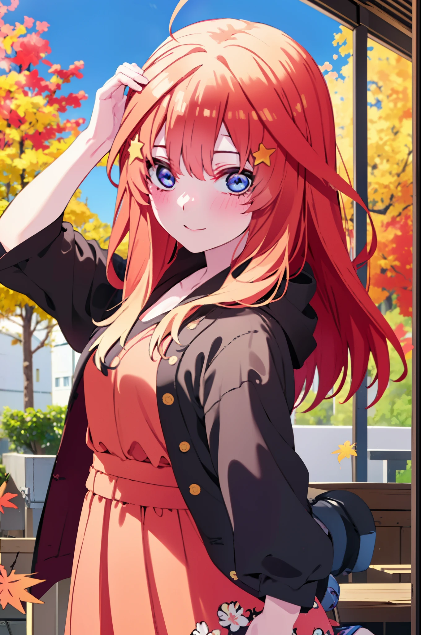 itsukinakano, itsuki nakano, bangs, blue eyes, hair between eyes, Ahoge, redhead, star \(symbol\), short braided hair,hair ornaments, star hair ornaments,smile,blush,animal ears raccoon ears,animal tail Tanuki tail,red hoodie,white long skirt,Cute Sandals,autumn leaves,whole bodyがイラストに入るように,
break outdoors, garden,
break looking at viewer,whole body,(cowboy shot:1.5),
break (masterpiece:1.2), highest quality, High resolution, unity 8k wallpaper, (shape:0.8), (beautiful deしっぽed eyes:1.6), extremely deしっぽed face, perfect lighting, extremely deしっぽed CG, (perfect hands, perfect anatomy),