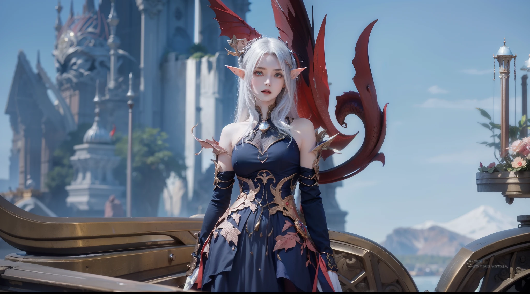 (Un elfe vampire, empress, look imposant, 30 ans, seul), armure faite d&#39;red dragon scales, armure rouge, armure pleine d&#39;red scales, metallic armor, Closed armor, Silver hair, realism, drop shadow, Laser trace, flou de mouvement, Sony FE, Sony FE GM, Ultra grand angle, 8K, UHD, high quality, High details, Great detail, best quality