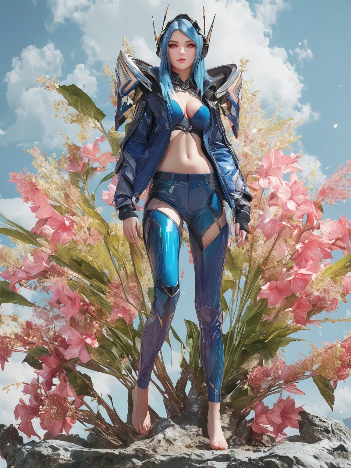 diy7，Highest quality, ultra-high definition, masterpieces, 8k, realistic, anime styled, 3d render，there is a woman in a blue suit standing in a field of flowers, alien flora and fauna, alien flora, of a beautiful saryn warframe, barefoot beautiful girl alien, female alien, exotic alien flora, alien plants, epic fantasy sci fi illustration, alien plant from alpha centauri, alien plant, epic fantasy digital art style, of a beautiful female warframe