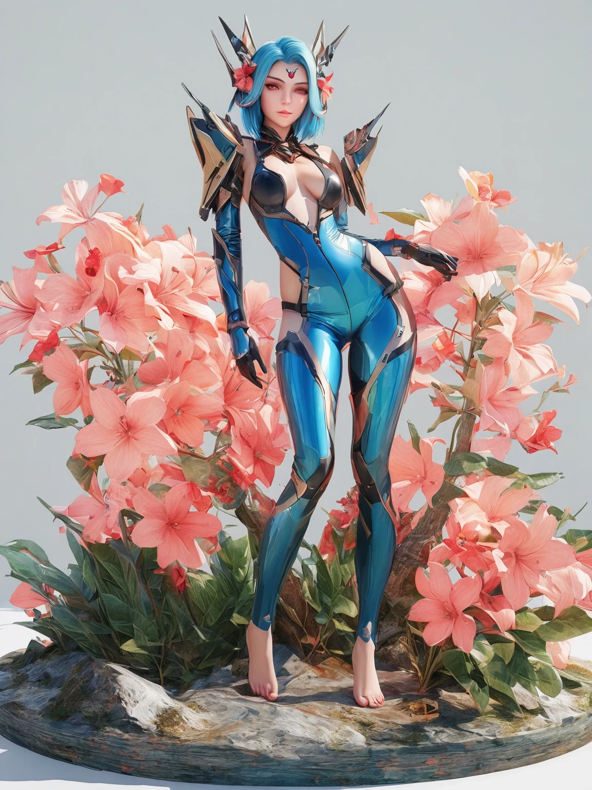 diy7，Highest quality, ultra-high definition, masterpieces, 8k, realistic, anime styled, 3d render，there is a woman in a blue suit standing in a field of flowers, alien flora and fauna, alien flora, of a beautiful saryn warframe, barefoot beautiful girl alien, female alien, exotic alien flora, alien plants, epic fantasy sci fi illustration, alien plant from alpha centauri, alien plant, epic fantasy digital art style, of a beautiful female warframe