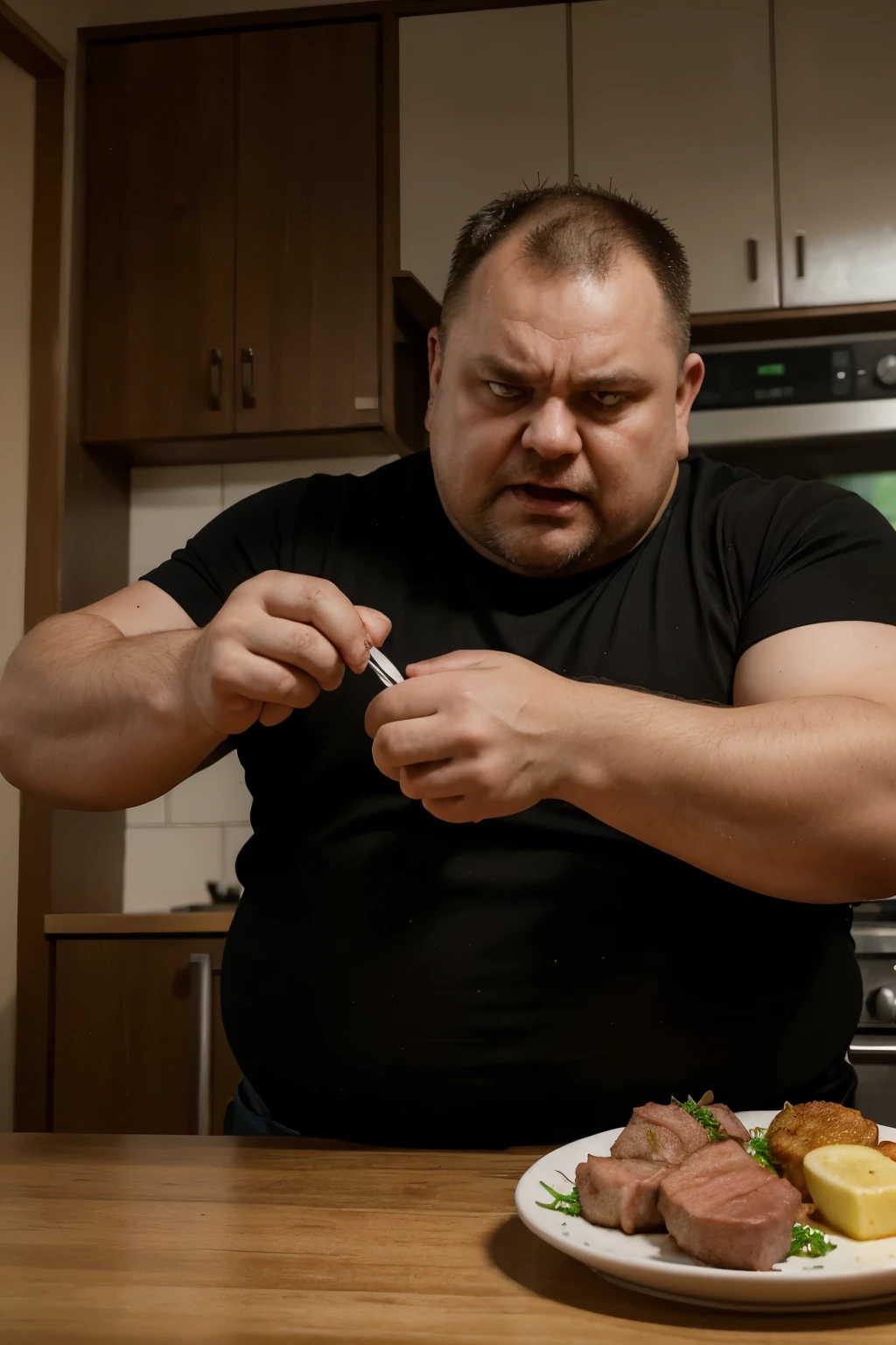 A typical Czech of 35-40 years of age named Franta Řískáč. This is a man who is overweight, always pissed off and always eating pork and beef. He is angry with everything that is new and unusual, and therefore he swears a lot at the young and if he gets a post about an unusual food, technology or law, he immediately starts writing negative and mean comments. He is very unpleasant. He is eating pork and angry. Realistic picture
