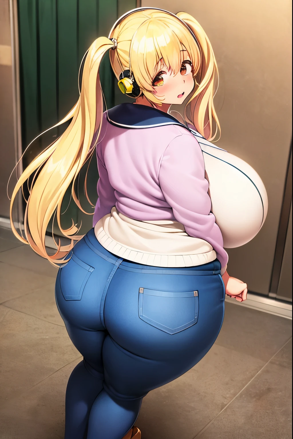 (best quality, high resolution, anime cels style:1.2), super pochaco, curvy, 1girl, beautiful face, (huge breasts:1.4), nsfw, shocked face, blushing, see-through panties, bent over, from behind, ass focus