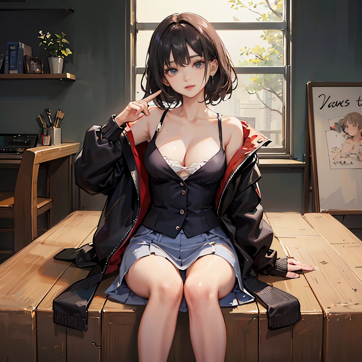 highest quality、All limbs、full finger、Slender beauty、straight hair、straight hair、knee high、white shirt、cleavage、black cardigan、small eyes