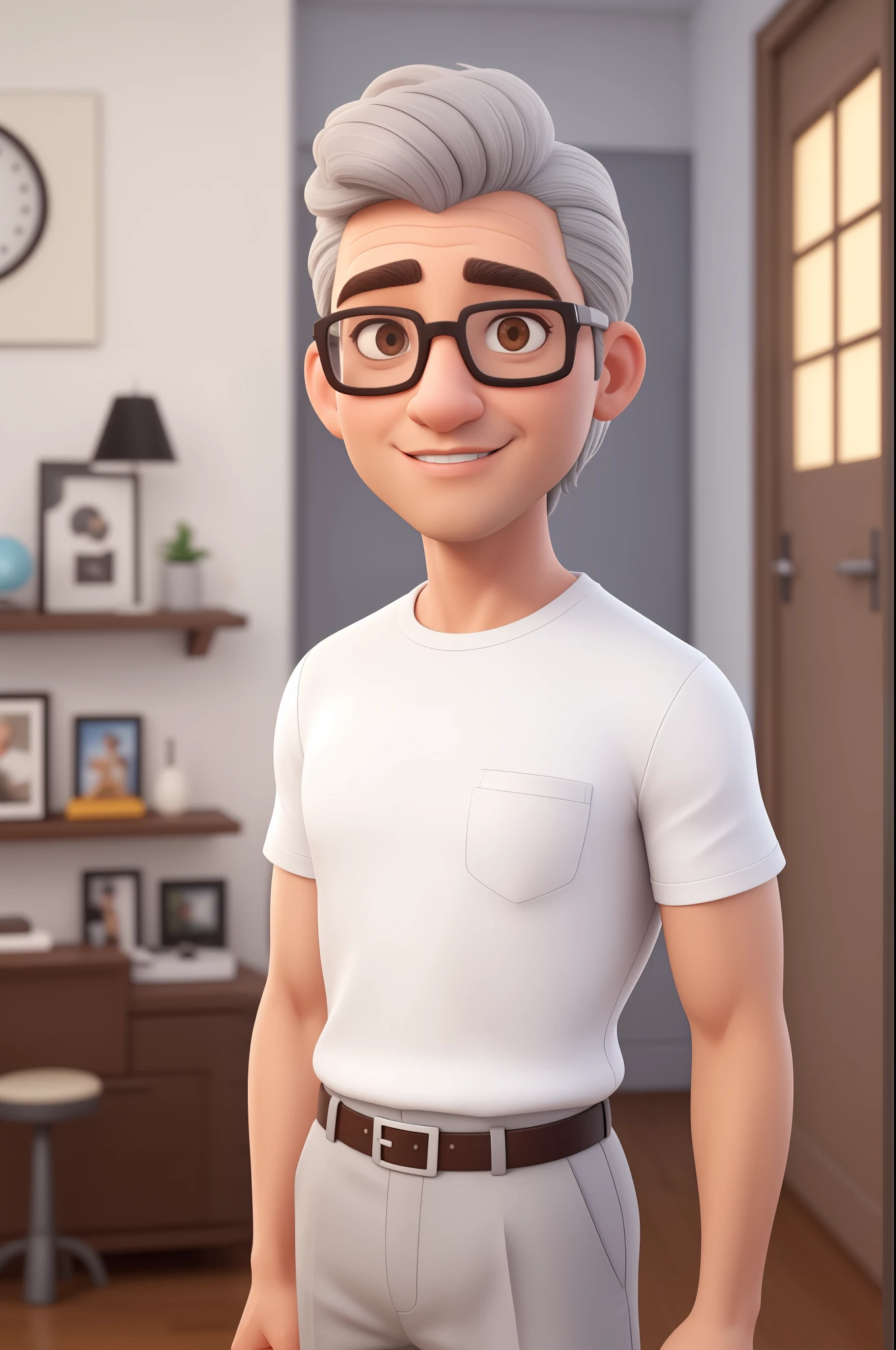 Um homem de 40 anos, with short brown hair and glasses, fazer diamantes, olhar rigoroso, e olhos azuis, wearing white white shirt with gray hair standing up, personagem Pixar 3D ultra detalhado, qualidade 4K, imagem ultra realista