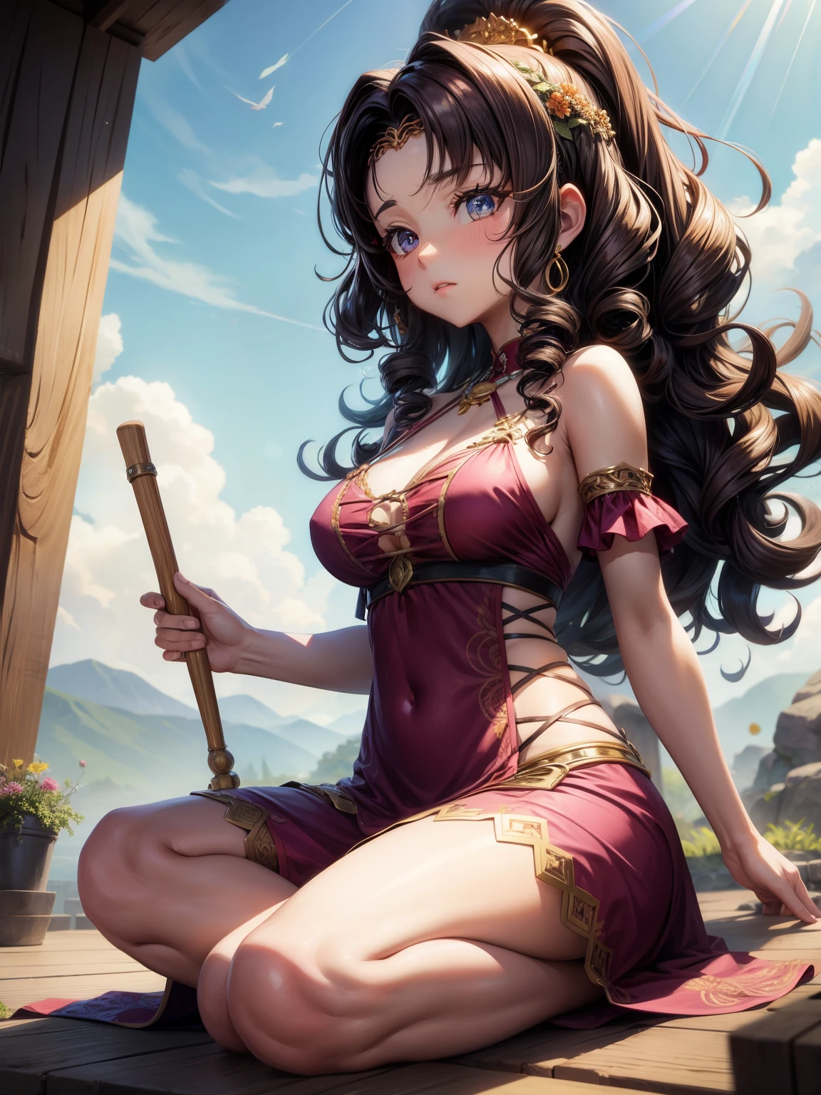 anime girl , curly thistle hair, wearing Halter dress top,have medium breasts, Inara, meditative chamber, focuses her energy, shaping virtual landscapes with a thought.