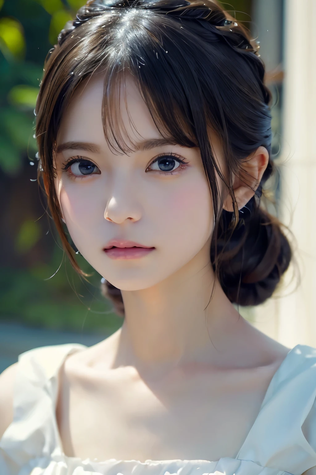 Image from the chest up:1.6)、Close-up portrait of a woman wearing white off-shoulder top dress and earrings, soft portrait shot 8k, nice delicate face, High quality 4K portraits, high quality portrait, soft and perfect pale skin, 8K highly detailed face, なbeautiful繊細な顔, beautiful光の大きな目, beautiful and realistic face, beautiful１４old woman, beautiful and realistic face, cute１４old woman