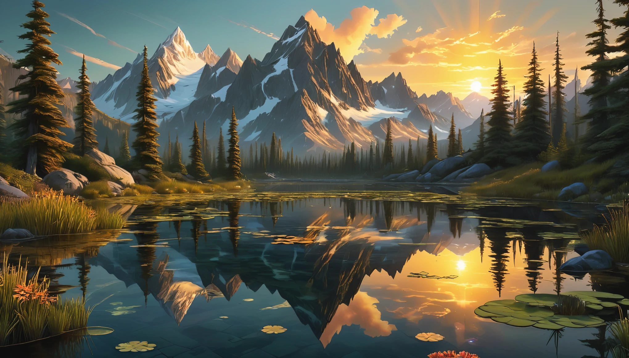 An evening pond in the mountains reflected the setting sun's amber and golden hues, surrounded by towering crystal clear peaks shimmering in the symmetrical reflective surface. Amplified by natural luminous and bioluminescent plants and underwater creatures, offering a surreal and tranquil experience for the beholder in a realistic and detailed scenario.