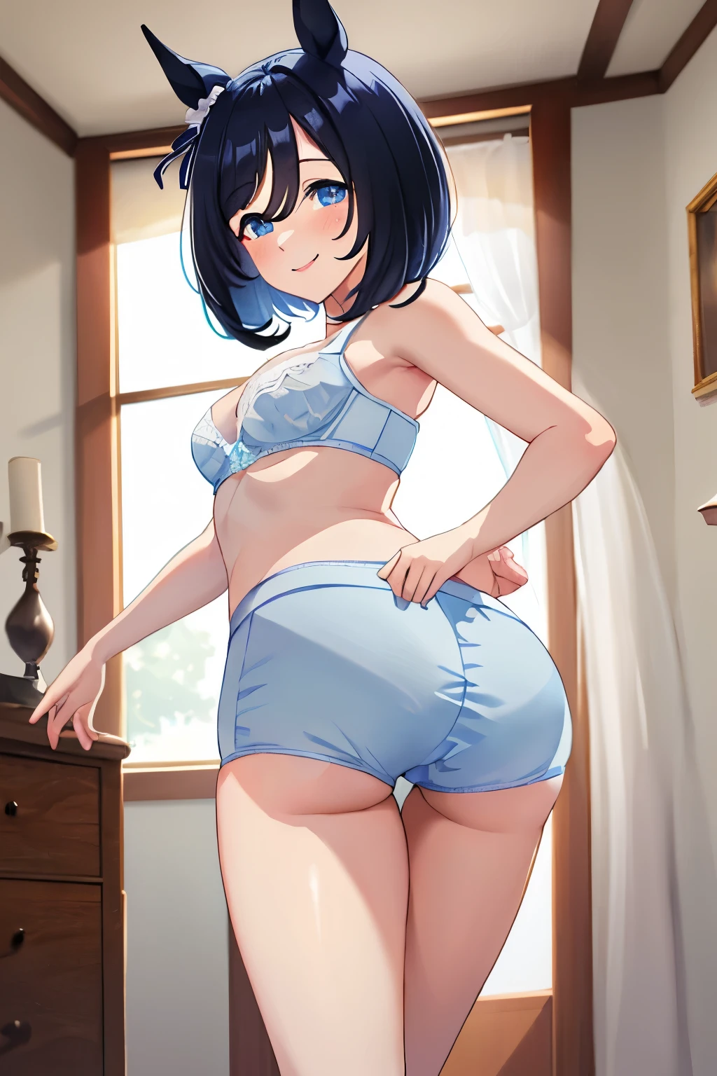 eishin flash\(Umamusume\), super detailed face, masterpiece, highest quality, light smile, blush, wave hands, ((super detailed face)), slender girl, whole body, (((Light blue underwear))),horse tail, light smile, fine and clear eyes, (Medium chest),(bra),(elaborately designed panties),((nsfw))butt,lingerie